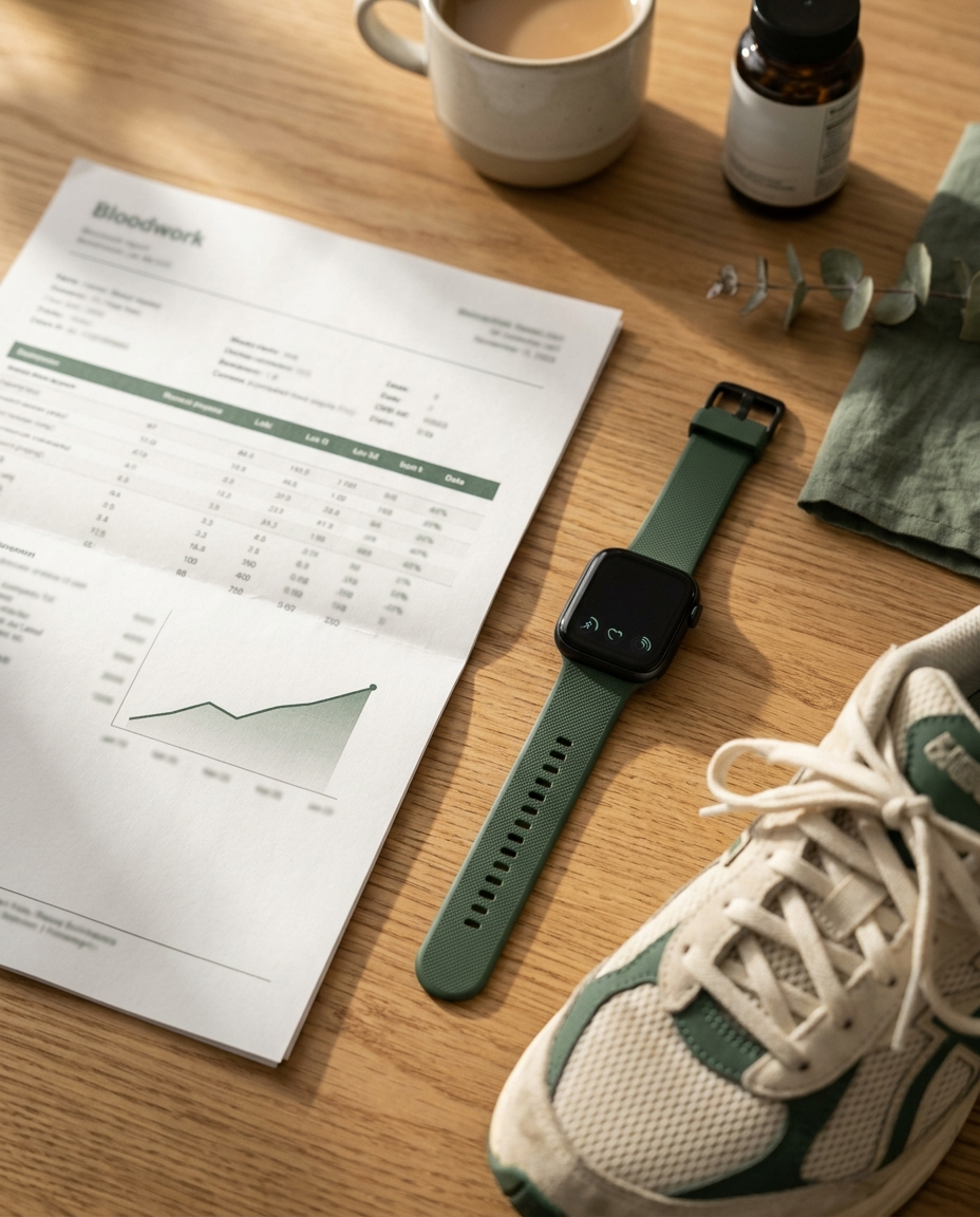A printed bloodwork report on a desk beside a smartwatch and running shoes