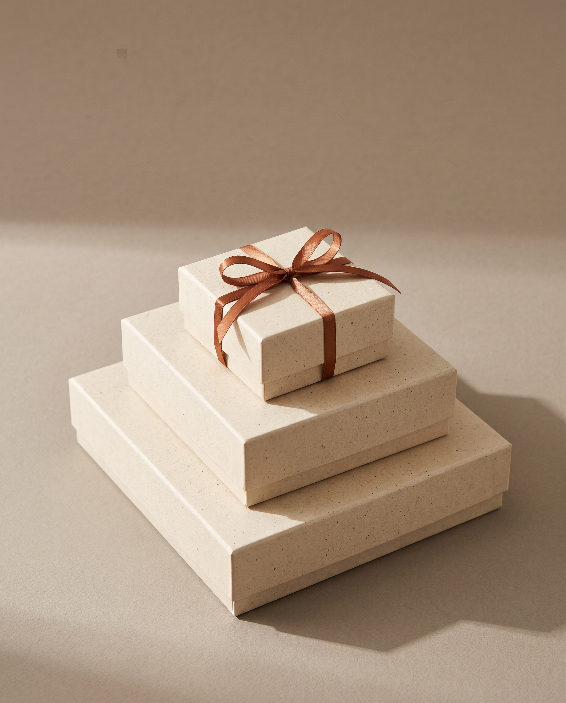Three Atelier Colette coffrets in speckled kraft card, stacked by size, the smallest tied with a copper ribbon