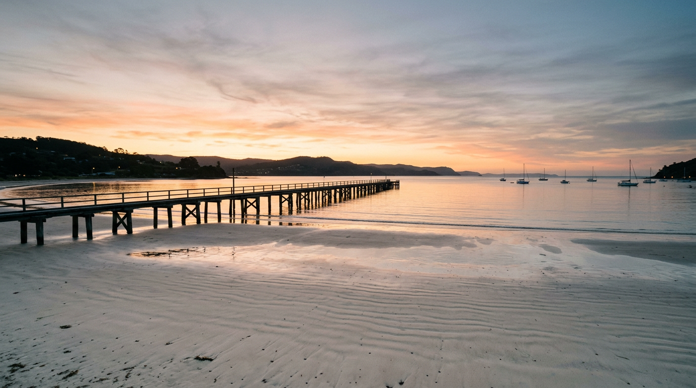 The bay at dusk with a timber pier silhouetted against a soft horizon