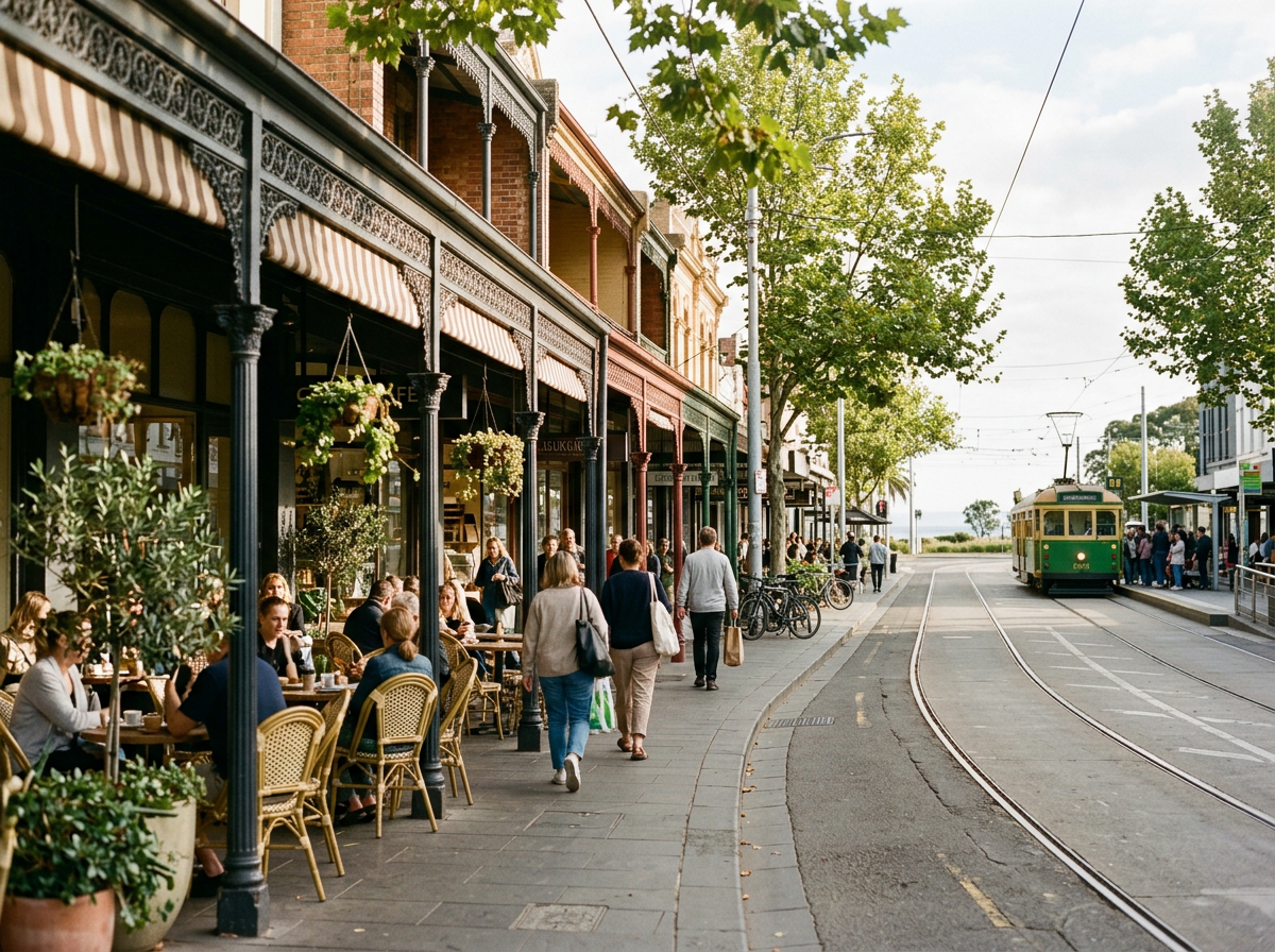 Bayside Melbourne shopping street with Victorian shopfronts, awnings and footpath cafe tables in morning light