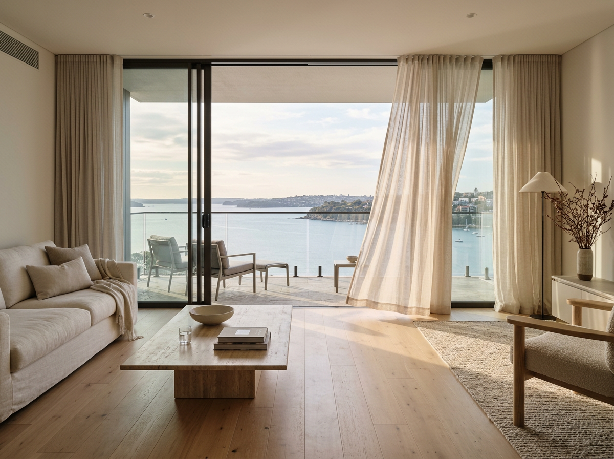 Sunlit apartment interior with oak floors and sheer curtains