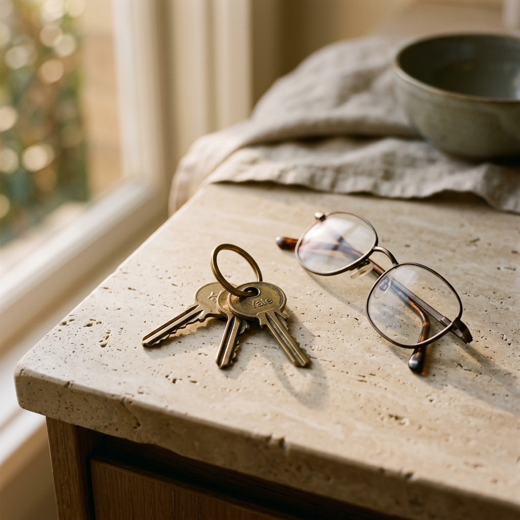 A ring of keys resting on a pale stone kitchen benchtop in afternoon light