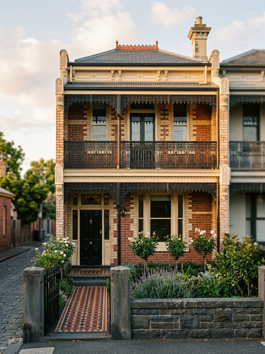 Restored double-storey Victorian terrace with cast-iron lace balcony in late afternoon light