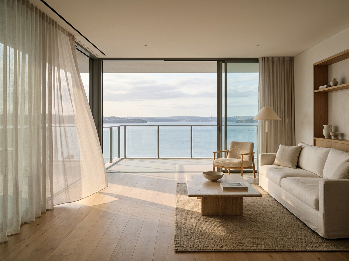 Apartment living room with floor-to-ceiling glass opening onto a balcony above the bay