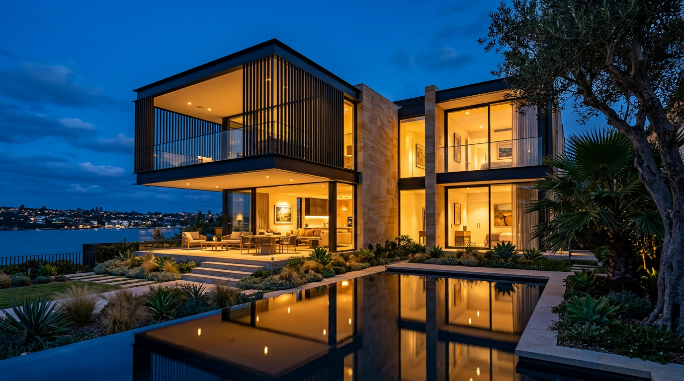 A contemporary bayside residence in stone, steel and glass, lit from within at dusk