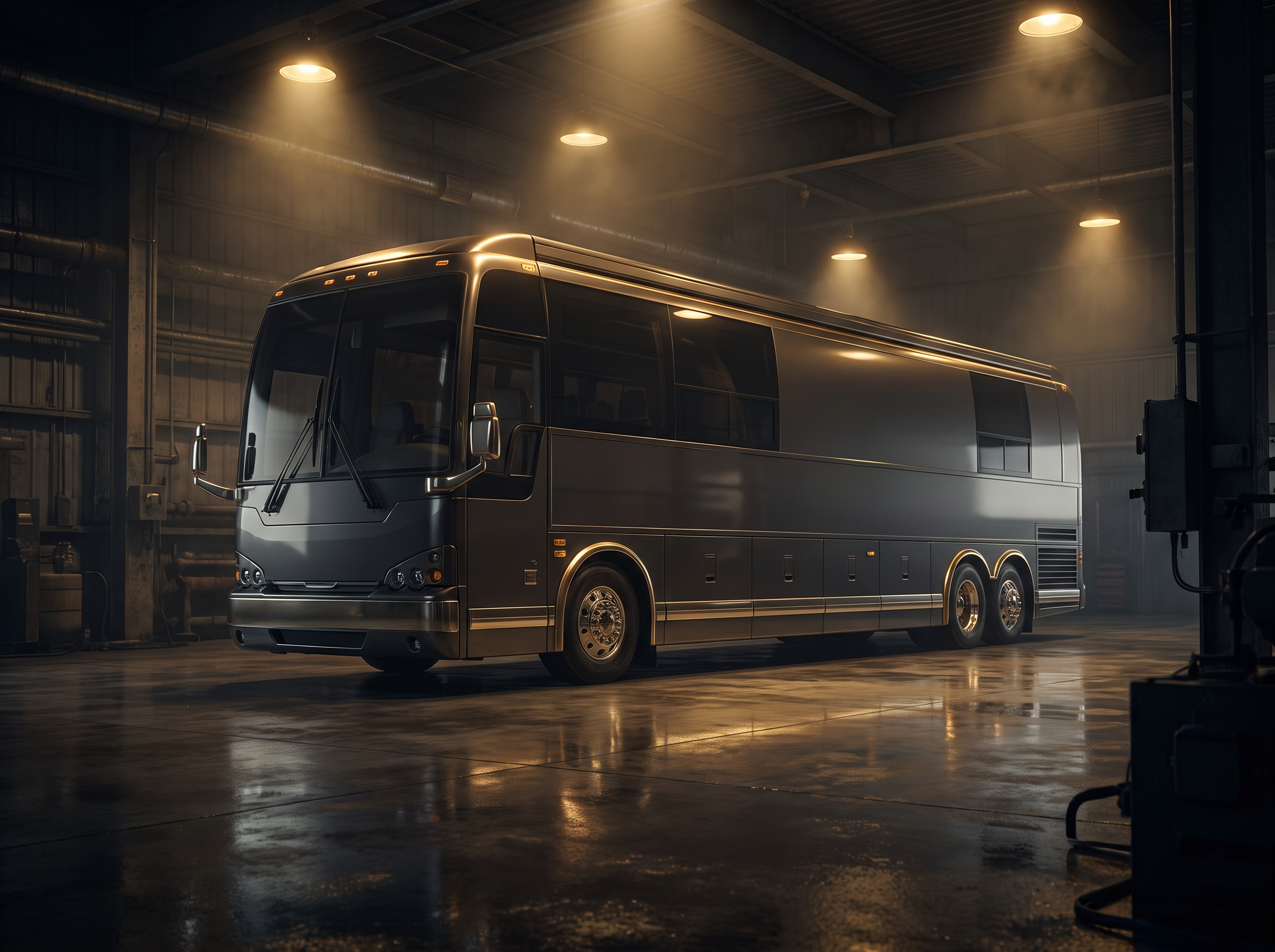 A black luxury motorcoach detailed to a deep gloss in a dark service bay