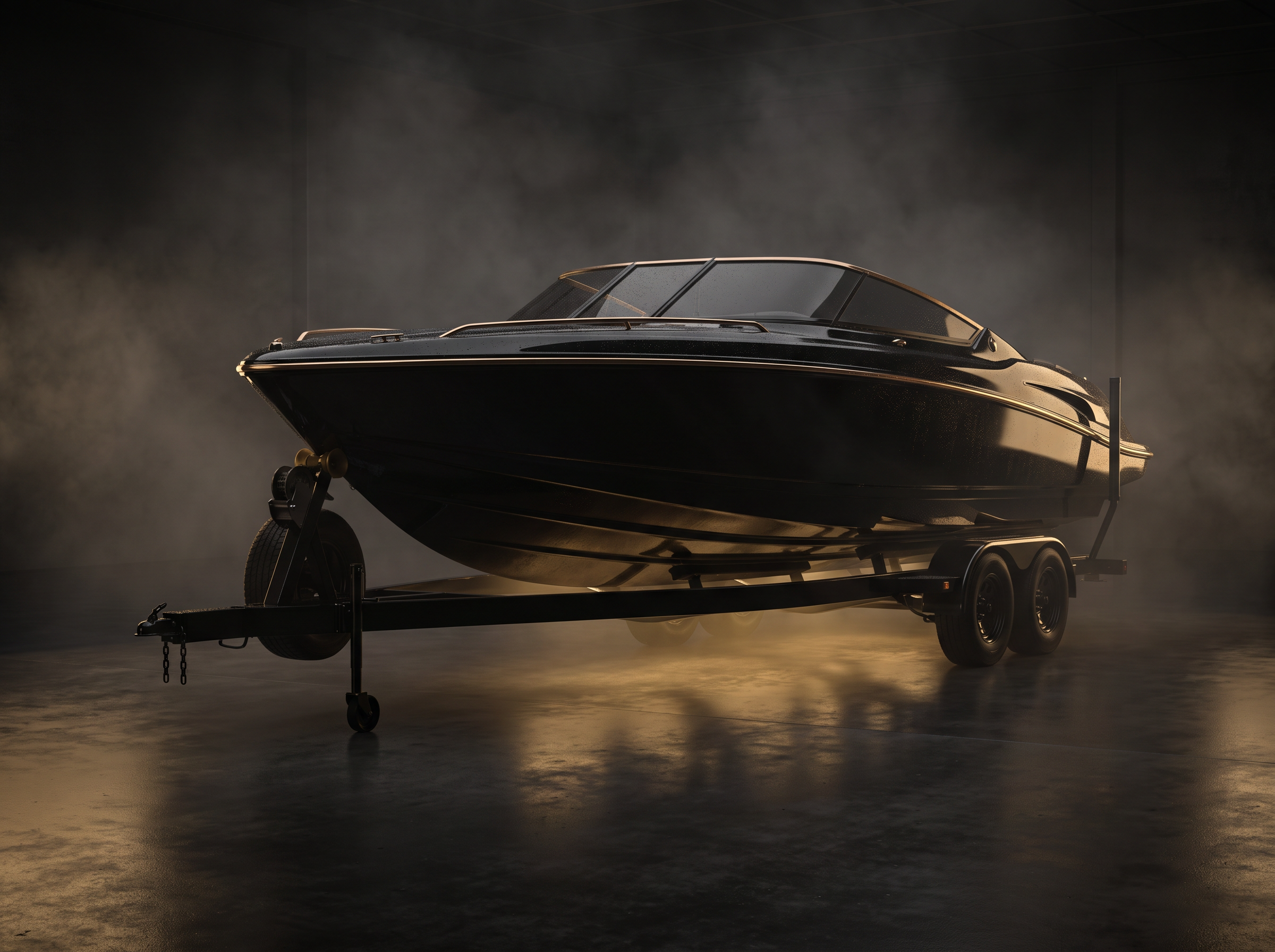 A black performance boat with a mirror-gloss gel coat under gold studio lighting