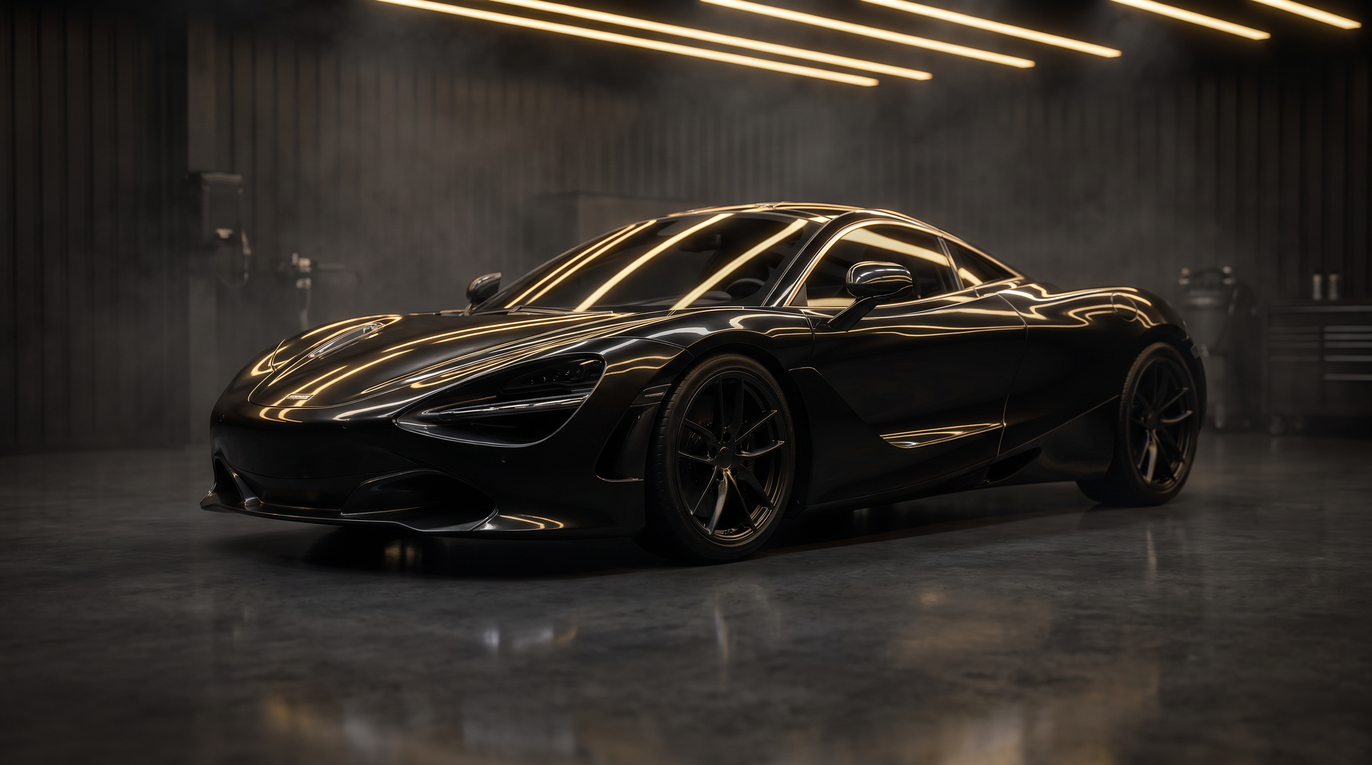 A black coupe with a freshly detailed, ceramic-coated finish under gold studio lighting