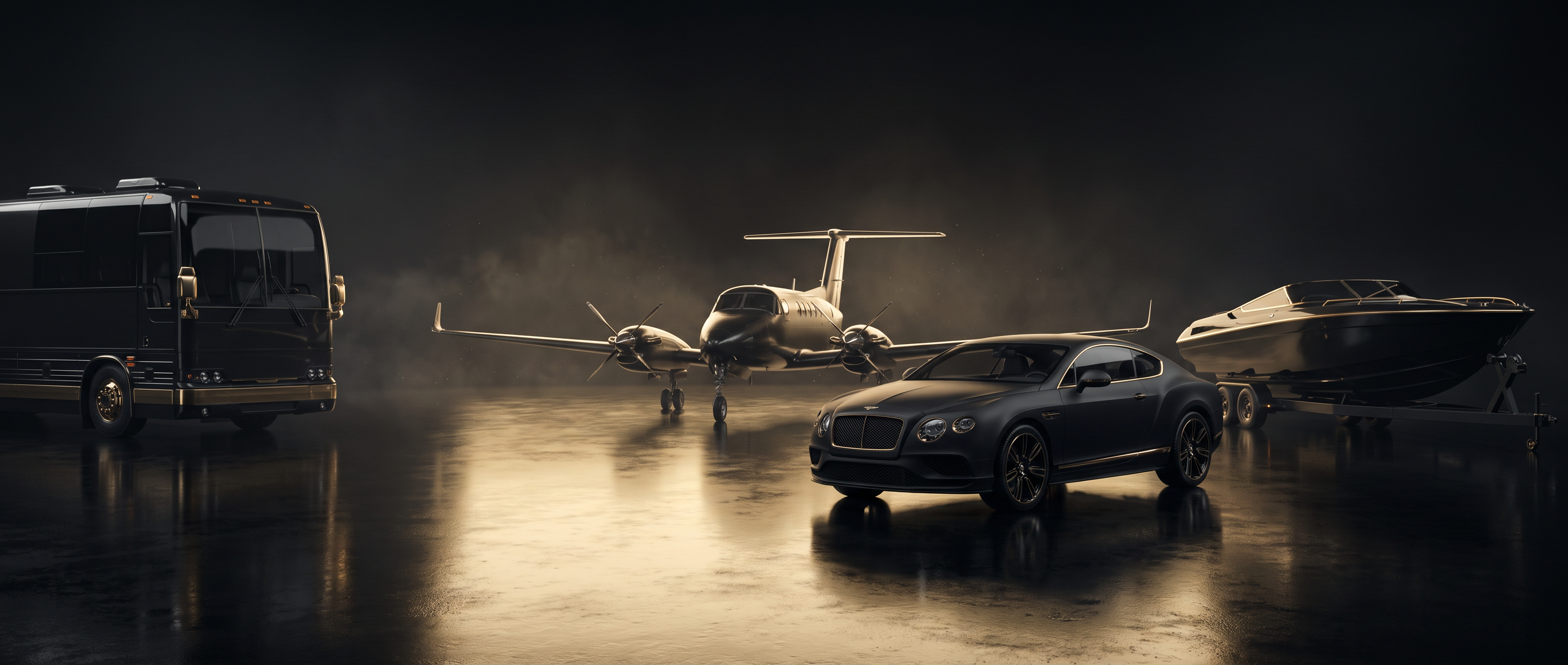 A luxury coupe, private aircraft, performance boat and motorcoach together in a blacked-out hangar under gold edge lighting