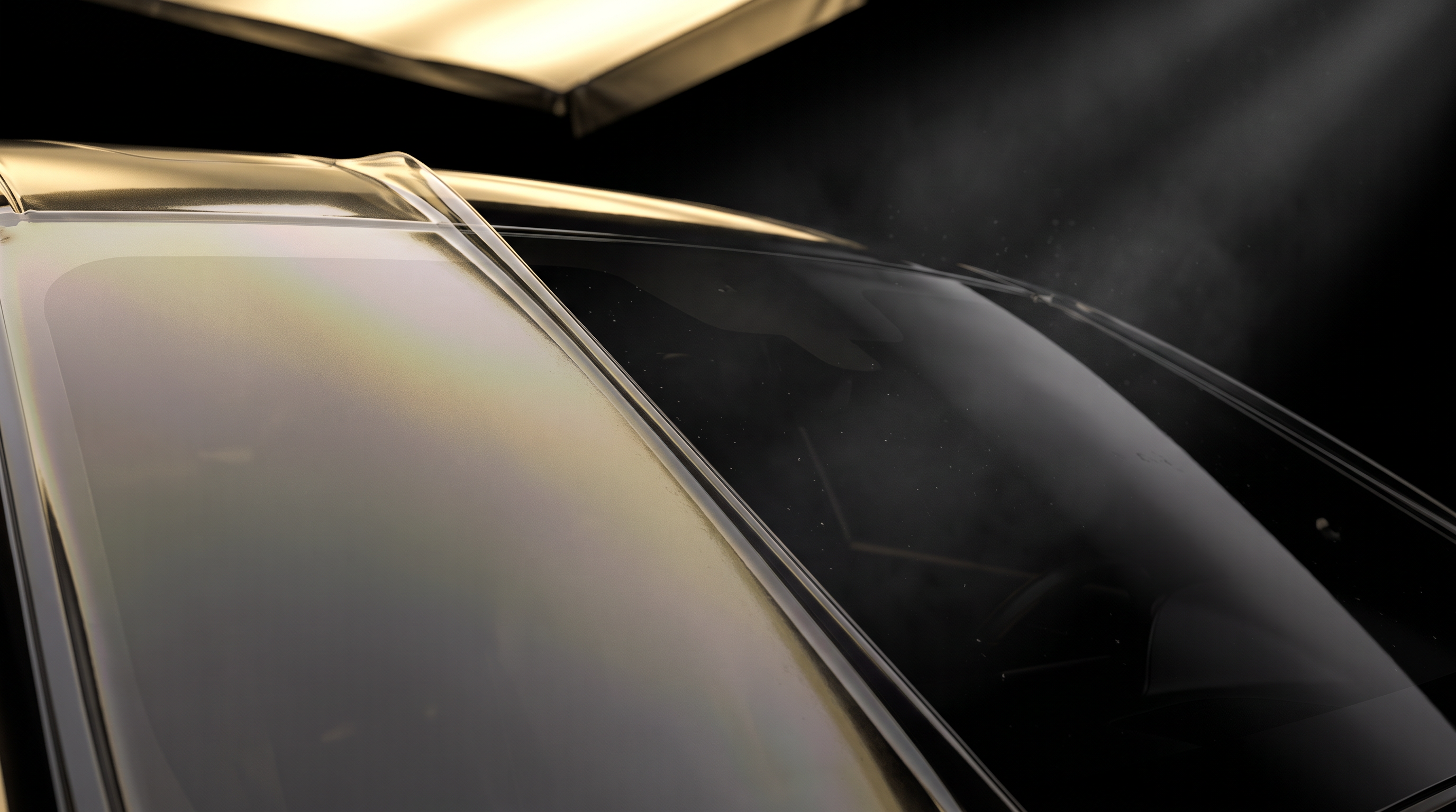Paint protection film meeting bare clear coat across a glossy black panel, the film edge catching gold light