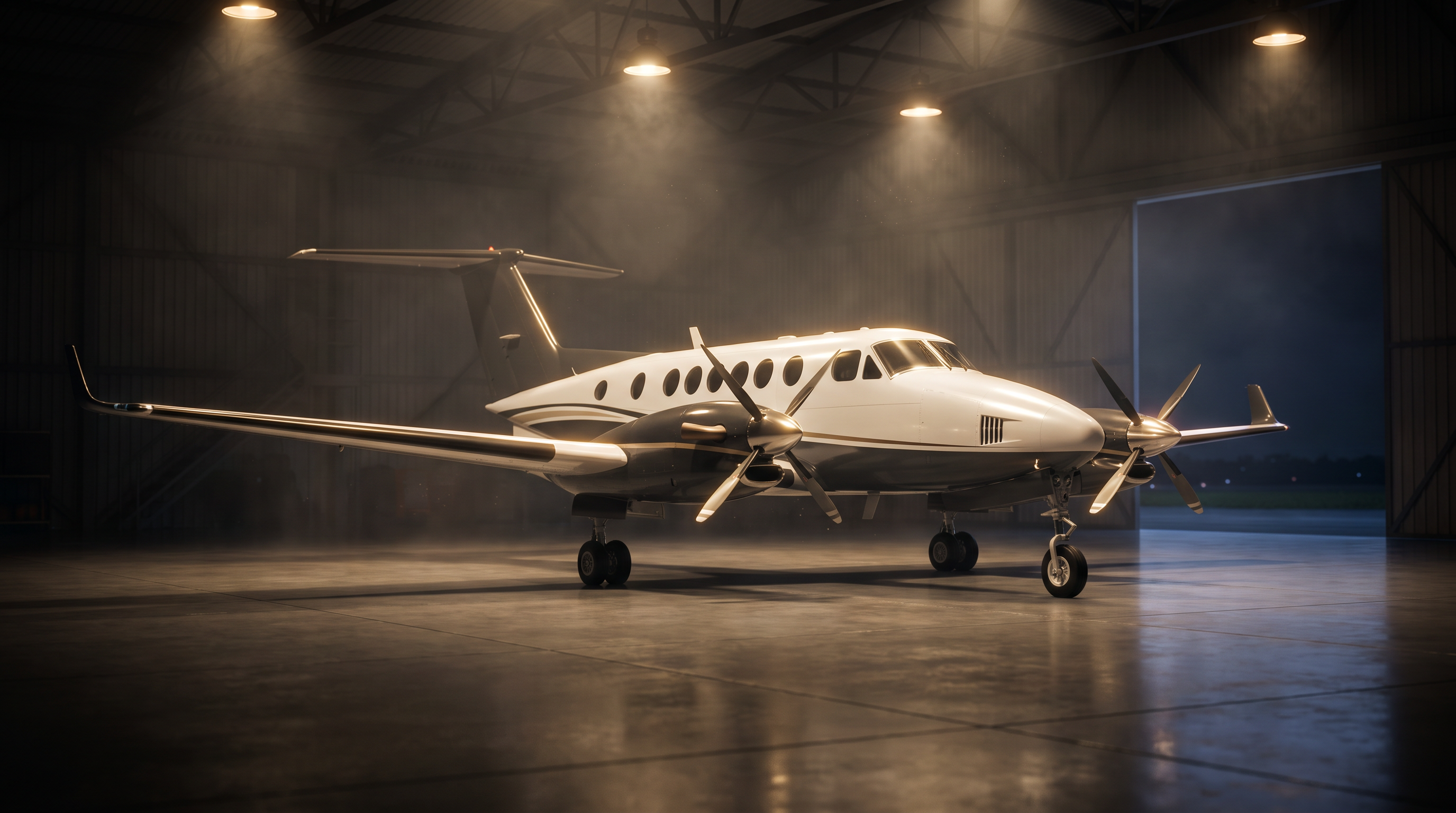 A private twin-engine turboprop in a darkened hangar at night, gold bay lighting tracing the wing and fuselage