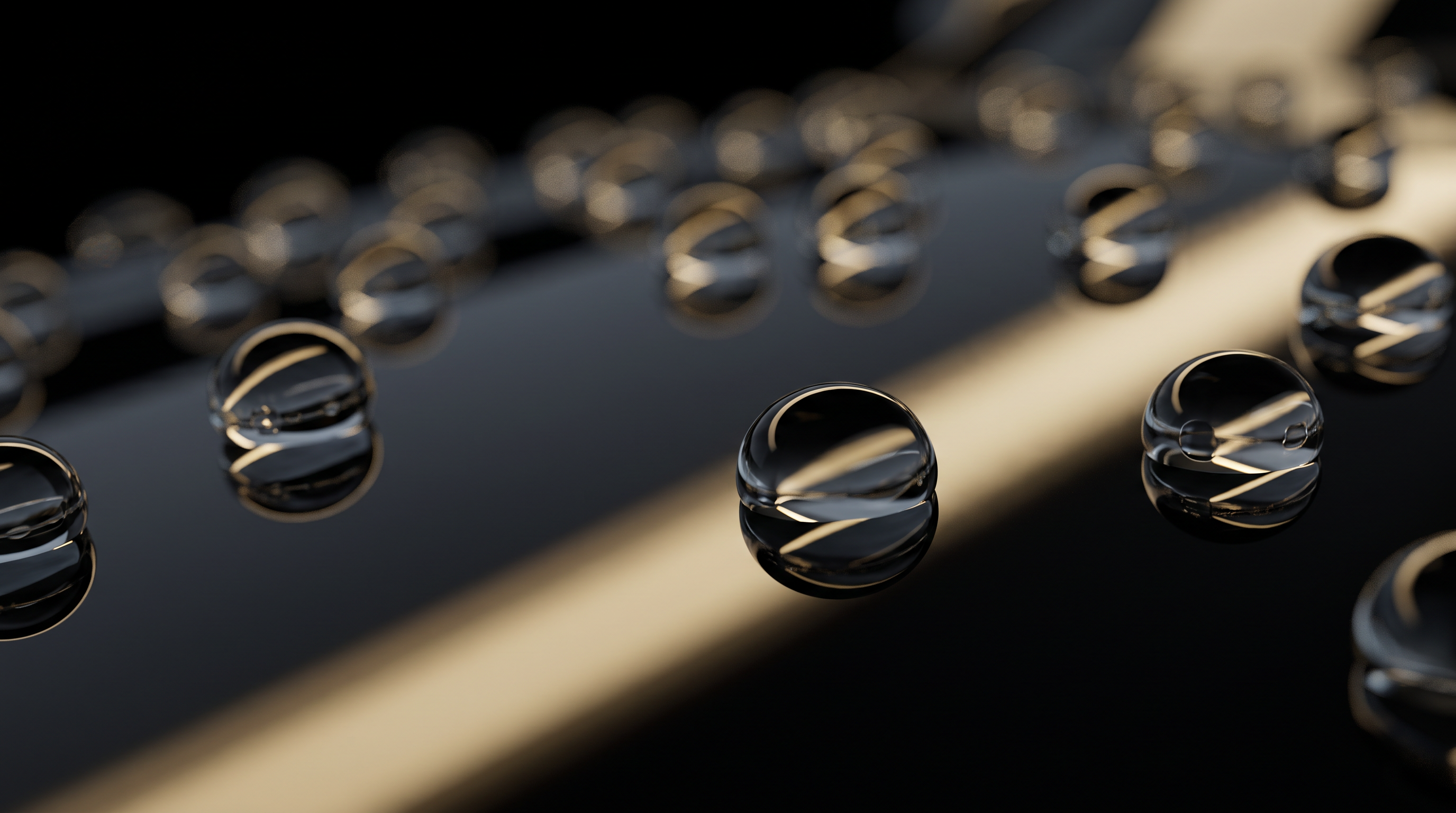 Water beading tightly on a ceramic-coated black panel, each droplet catching gold light