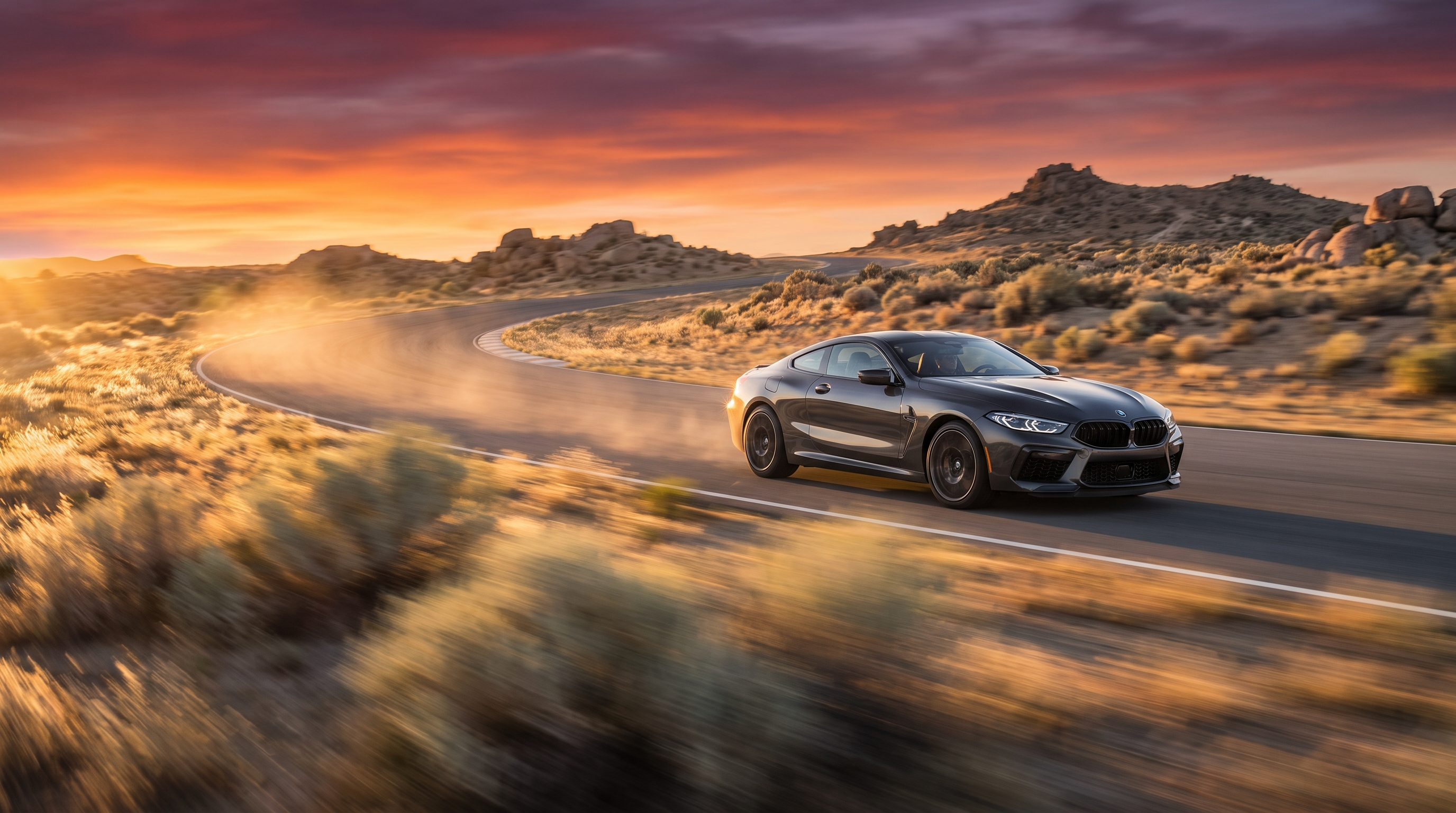BMW sports car on a California desert racetrack at golden hour