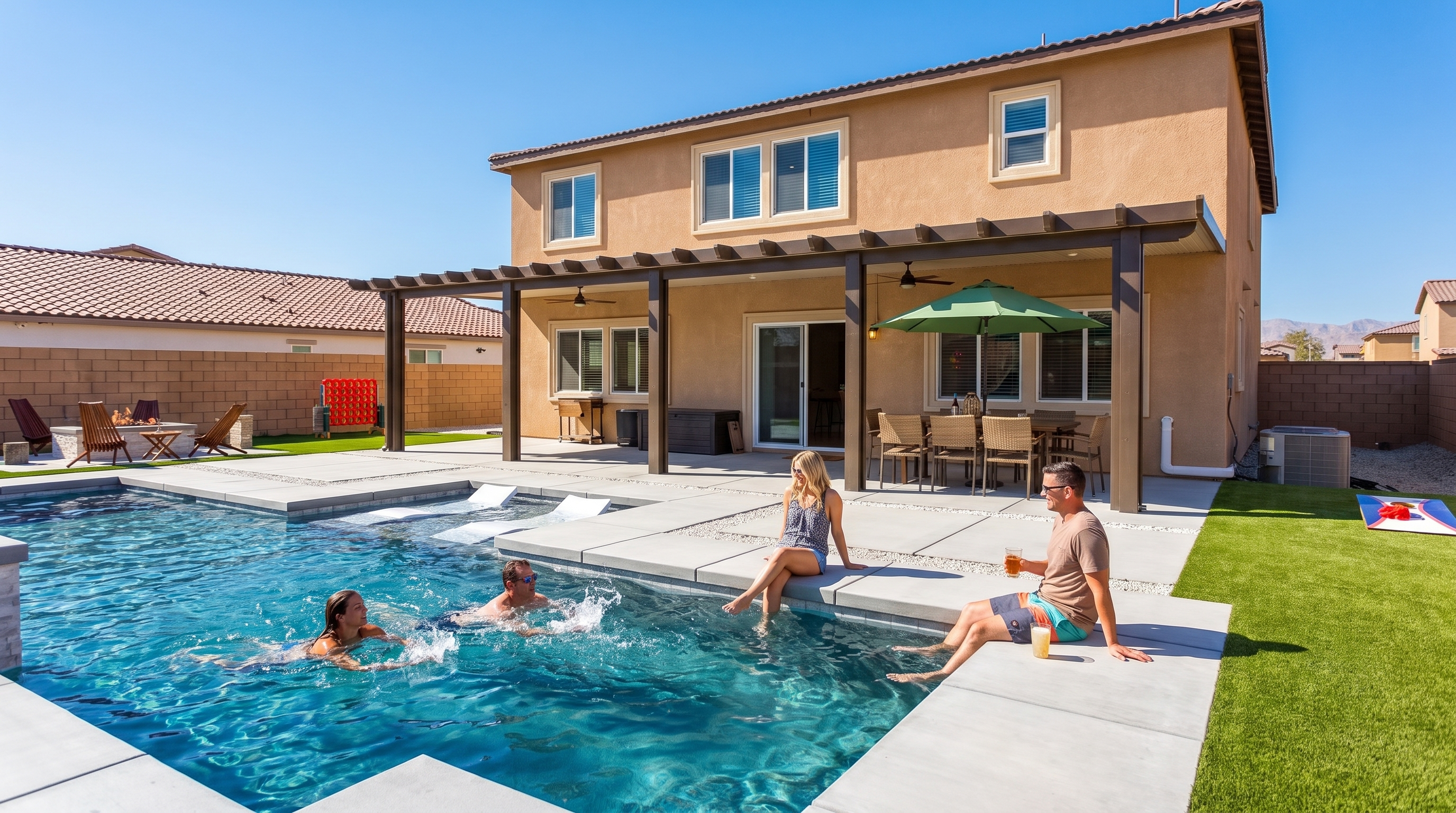 Guests enjoying the private heated pool — Tulum in the Valley Coachella Valley vacation rental