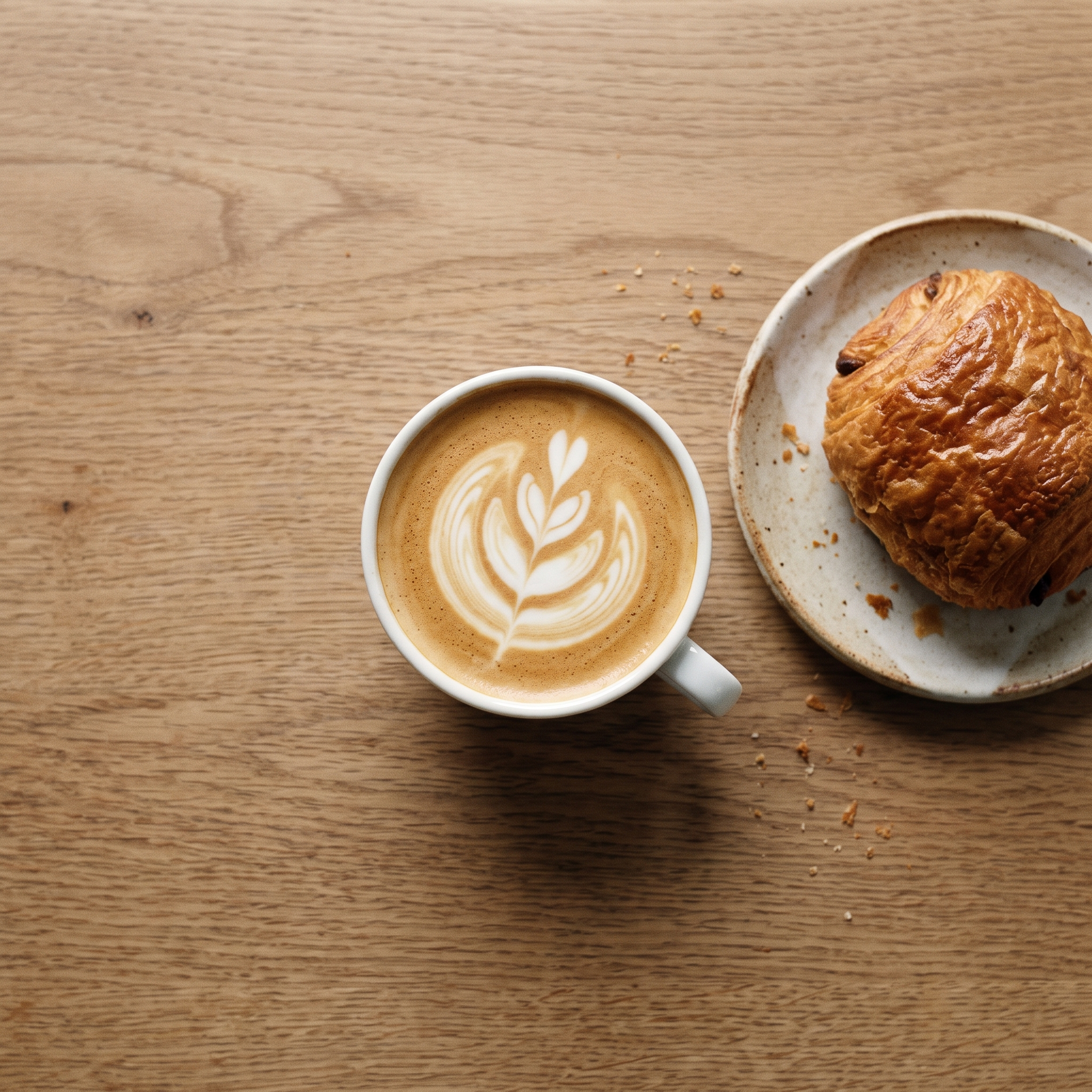 Kaffe och ett nybakat bakverk på ett träbord i morgonljus