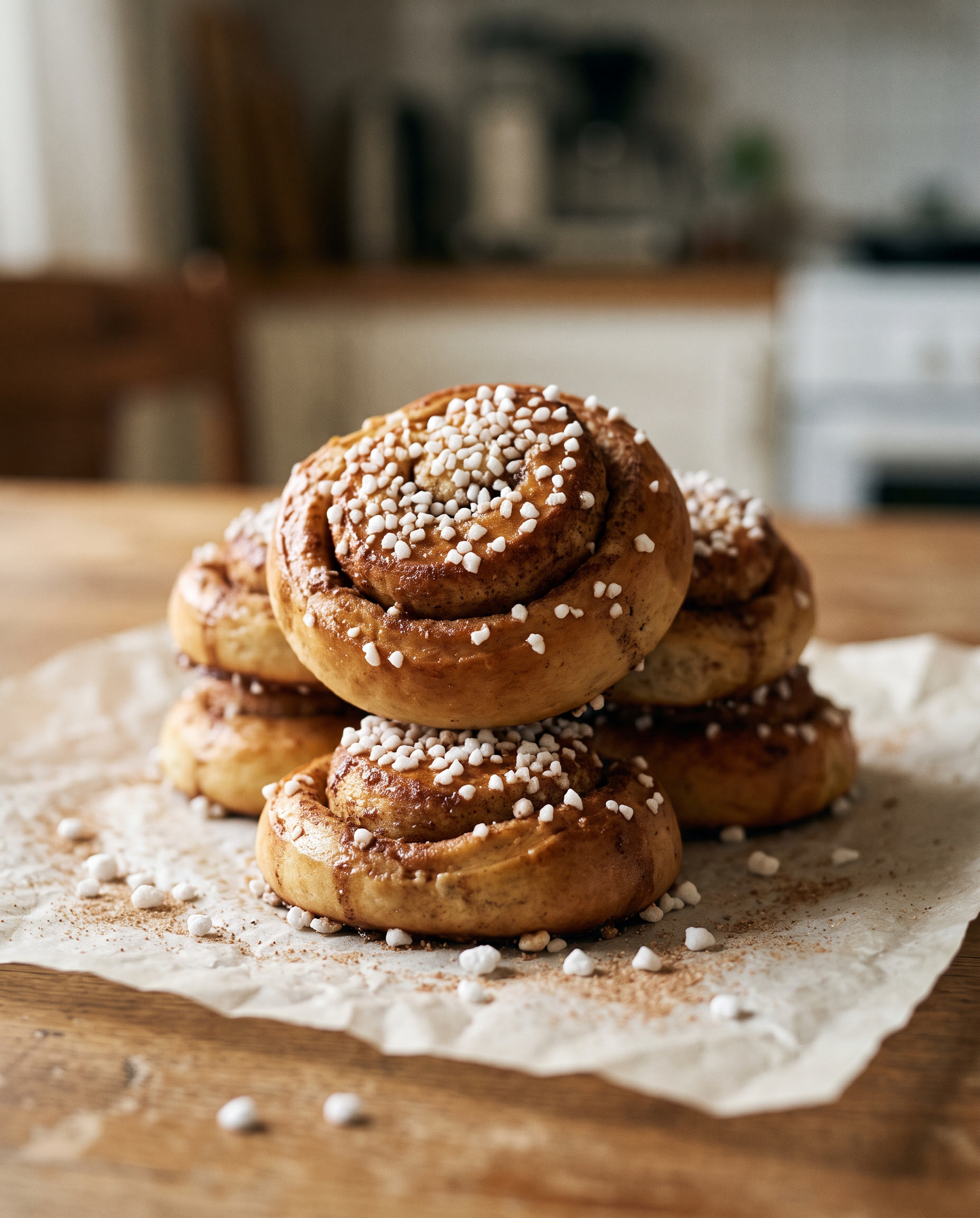 Nybakade kanelbullar med pärlsocker