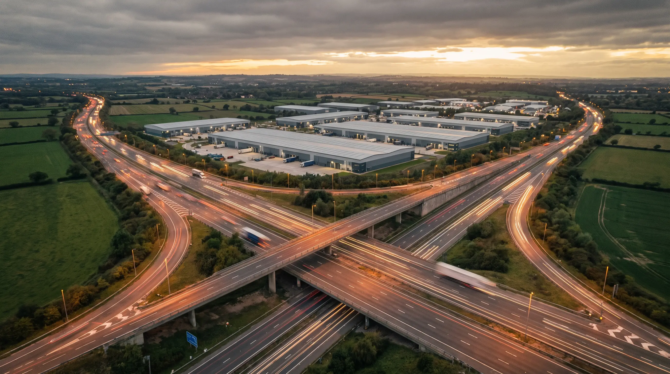 Aerial view of a UK motorway interchange at dusk
