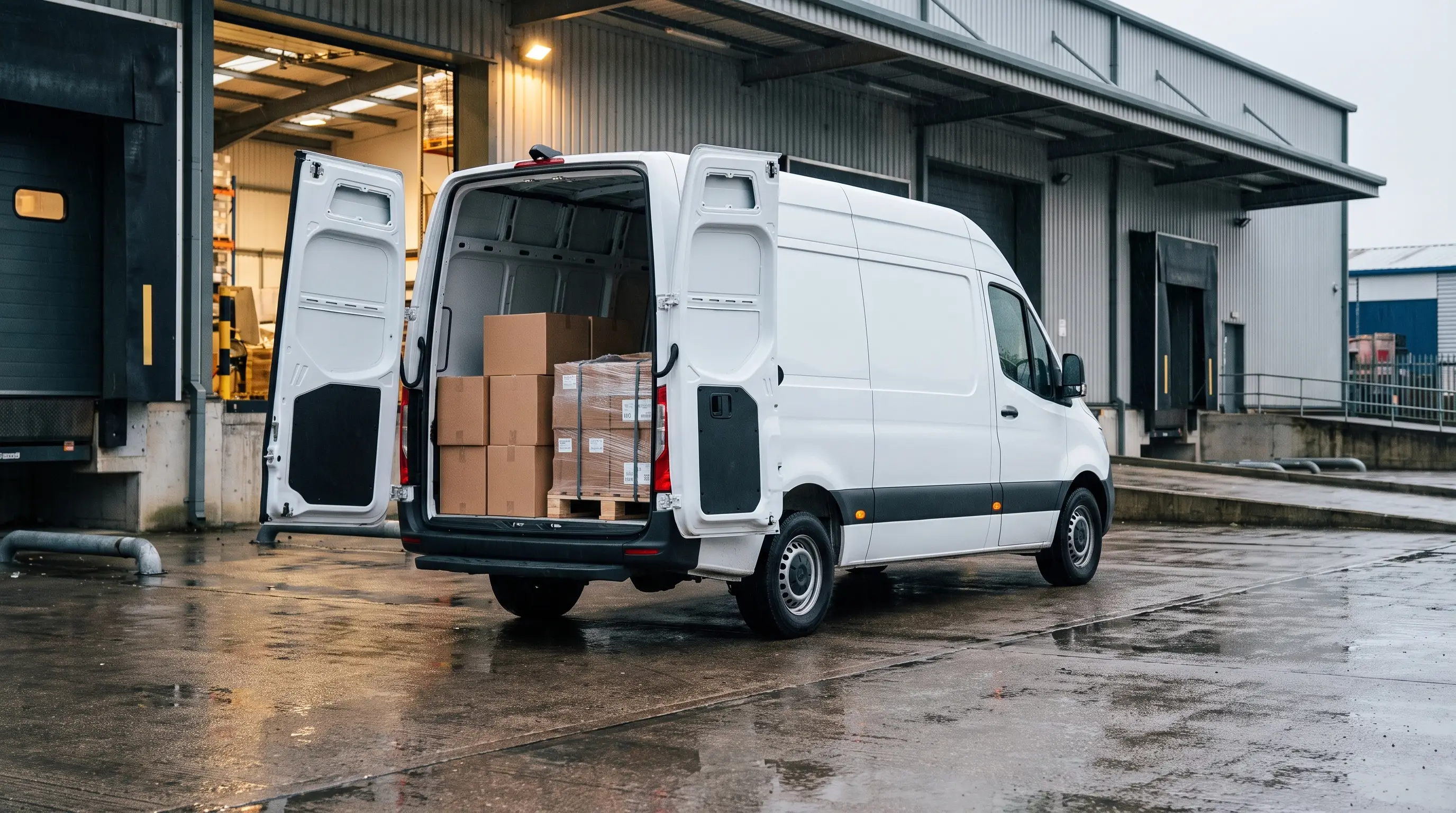 Quotient Logistics van with rear doors open at a warehouse loading bay