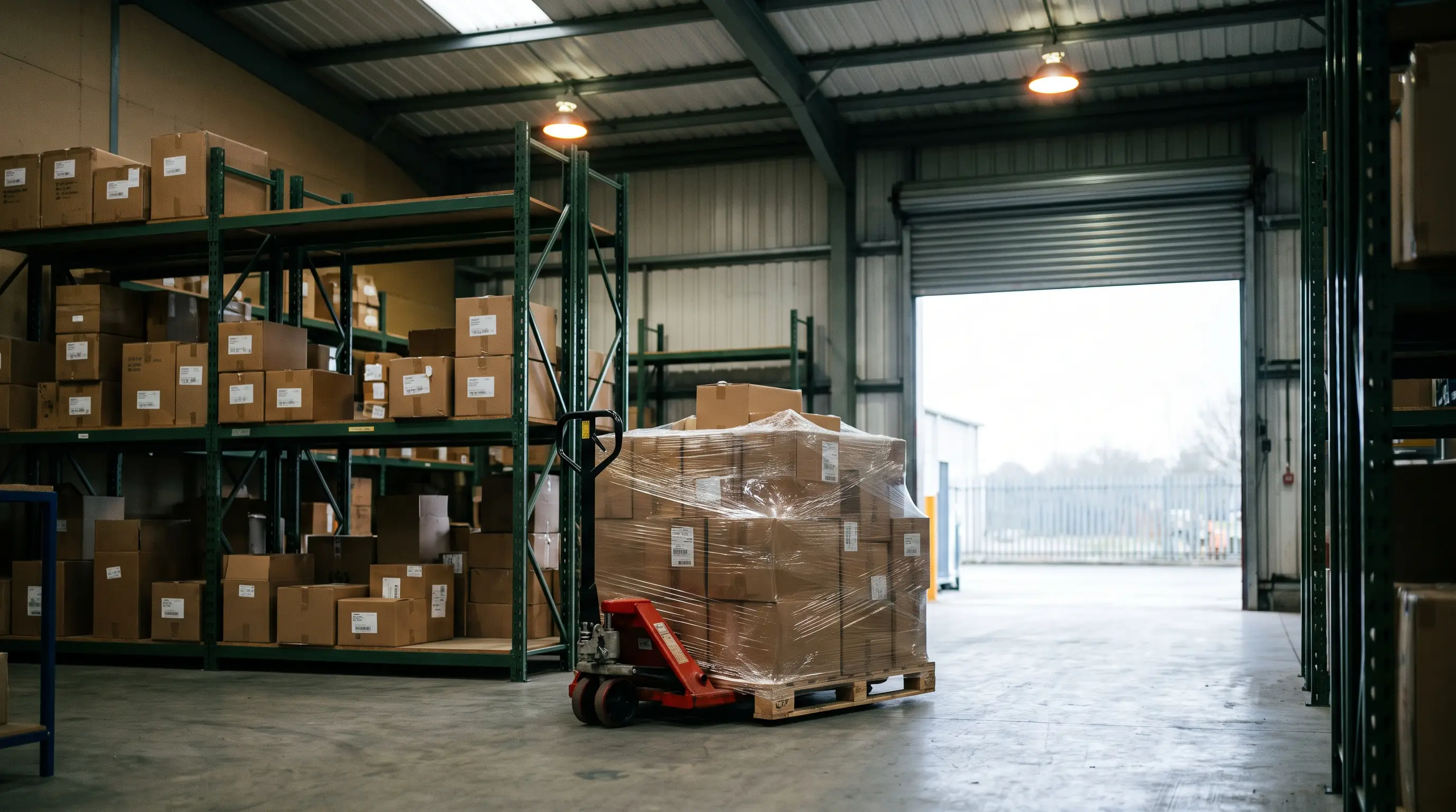A wrapped pallet and boxed goods inside a small UK warehouse