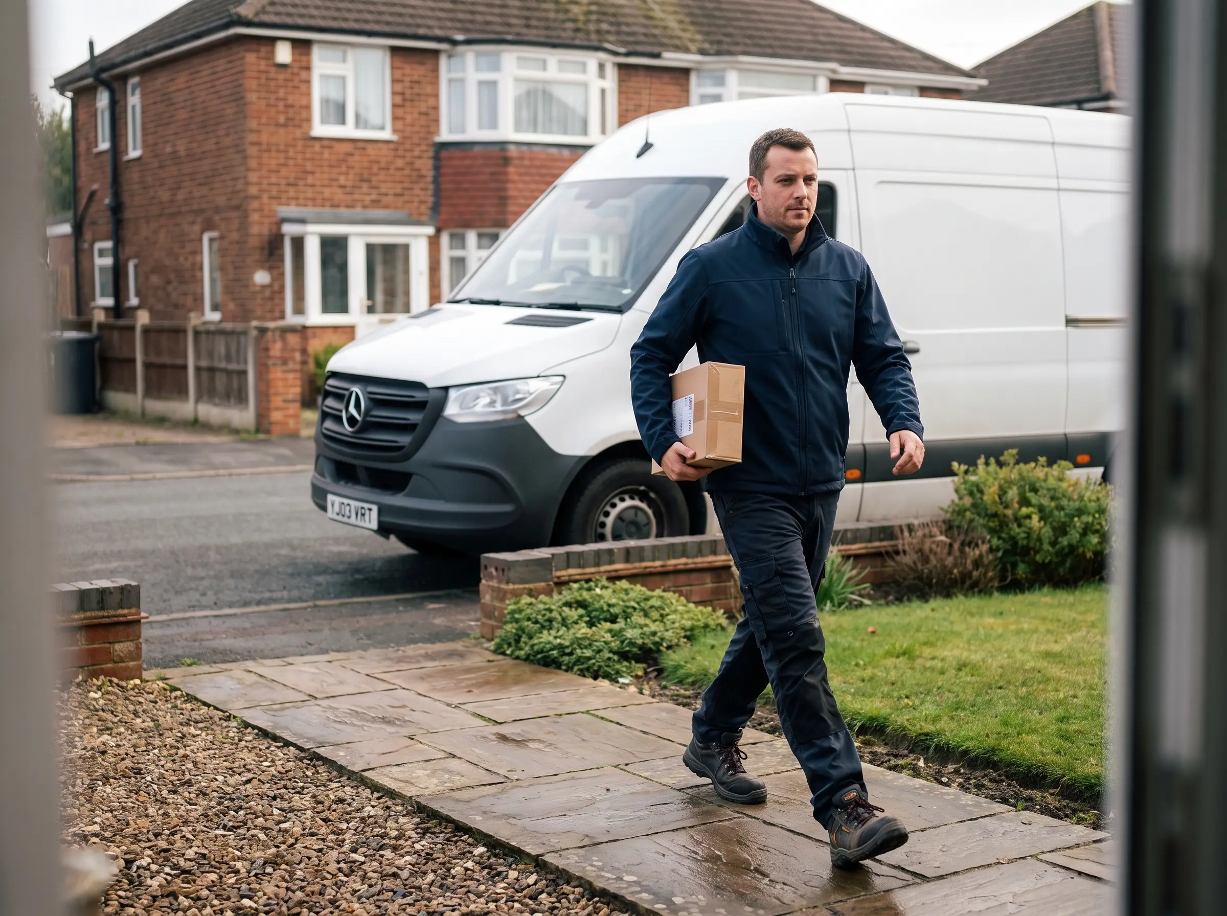 Quotient Logistics driver carrying a parcel to a front door