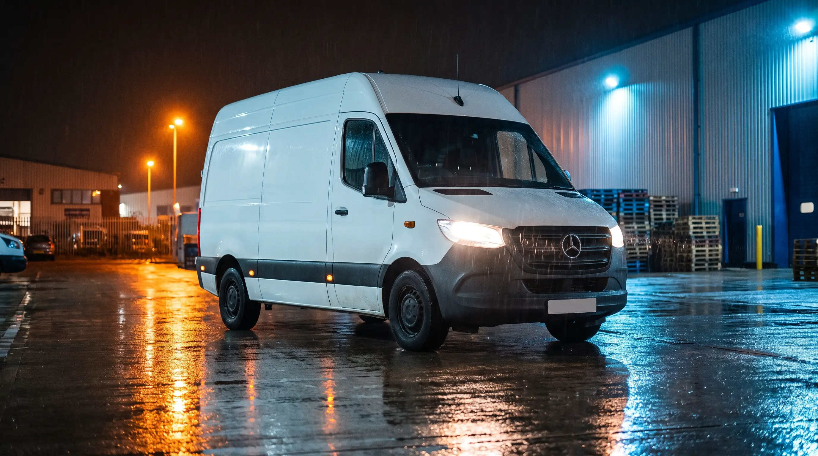 Quotient Logistics van at night on a UK industrial estate