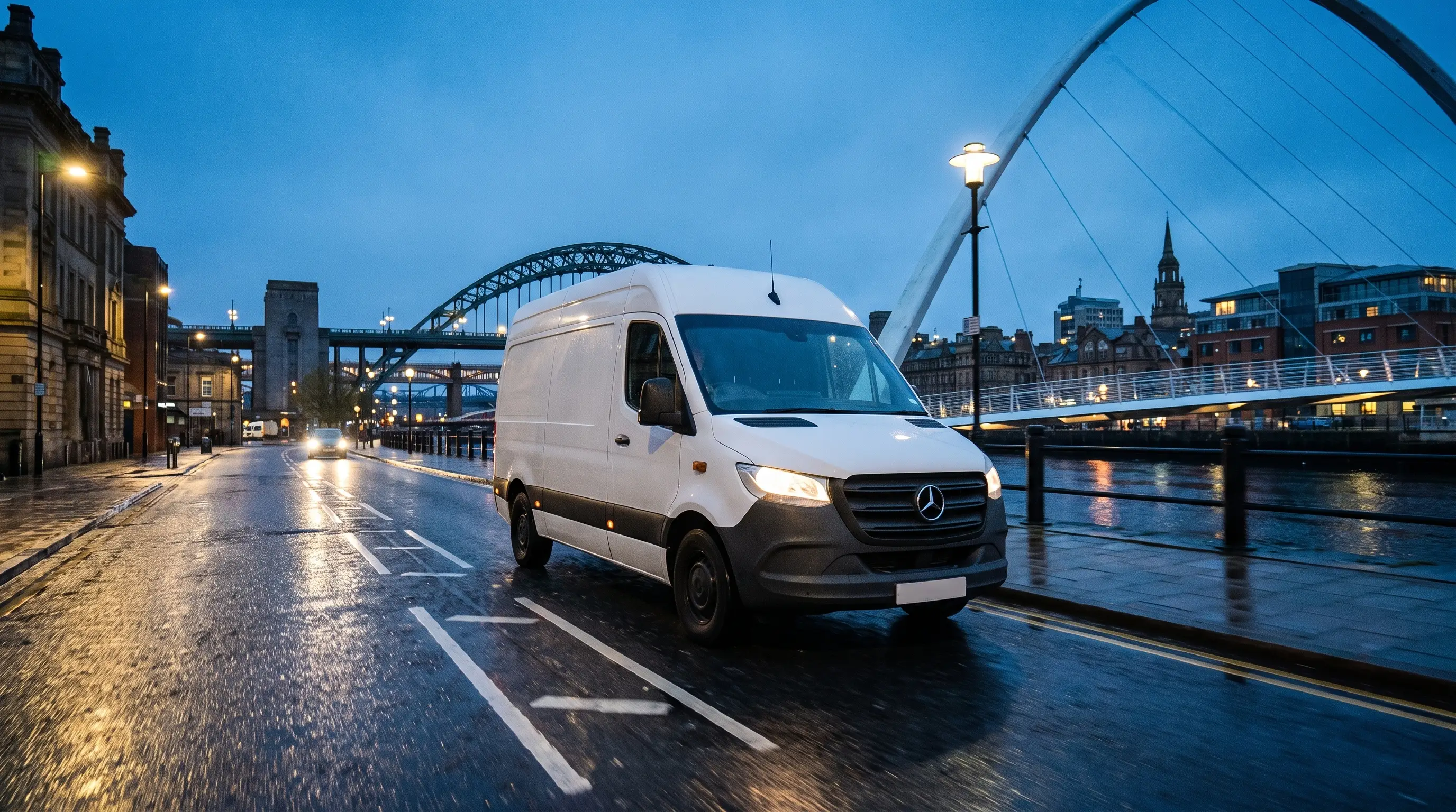 Quotient Logistics van on Newcastle Quayside with the Tyne Bridge behind