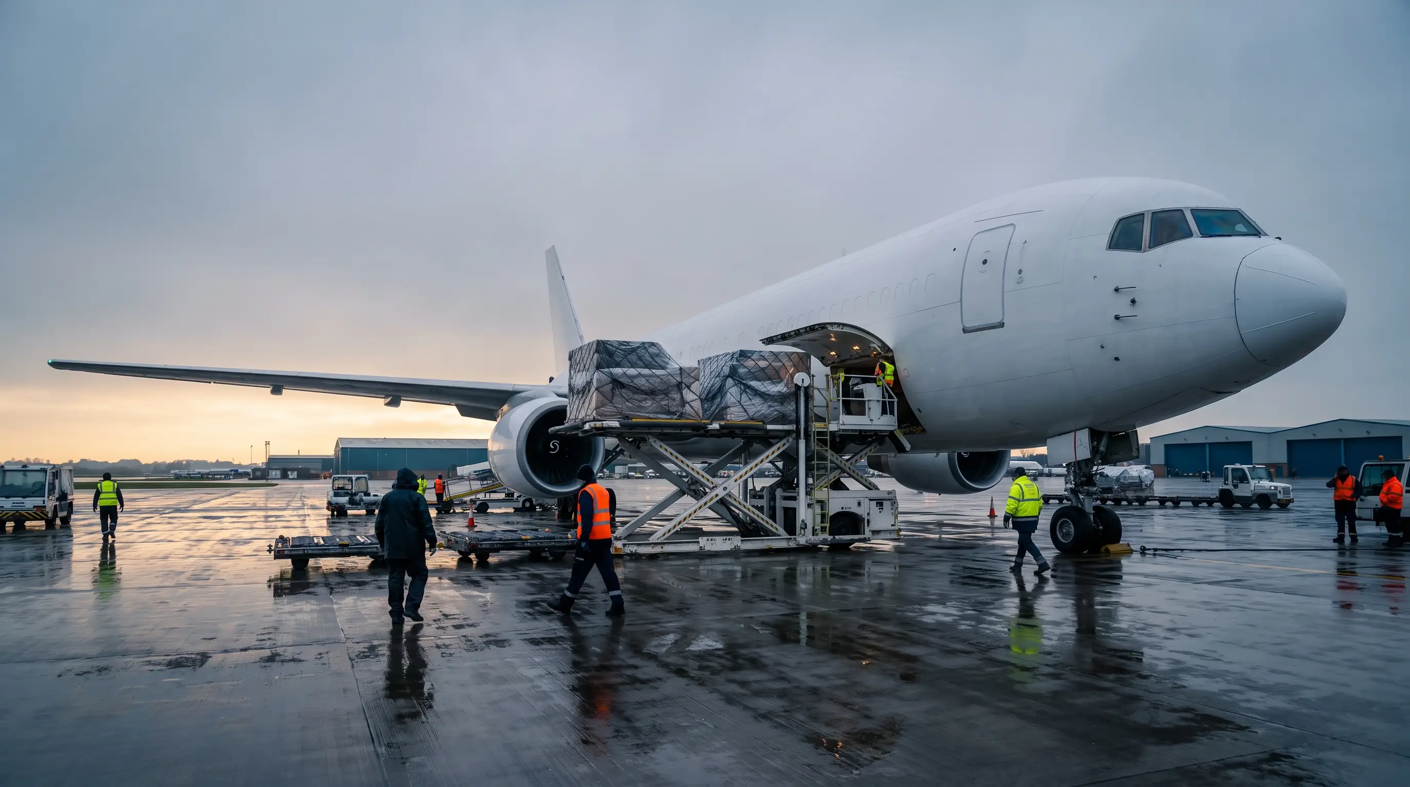 Freighter aircraft being loaded with ULD pallets at a UK cargo airport at dawn