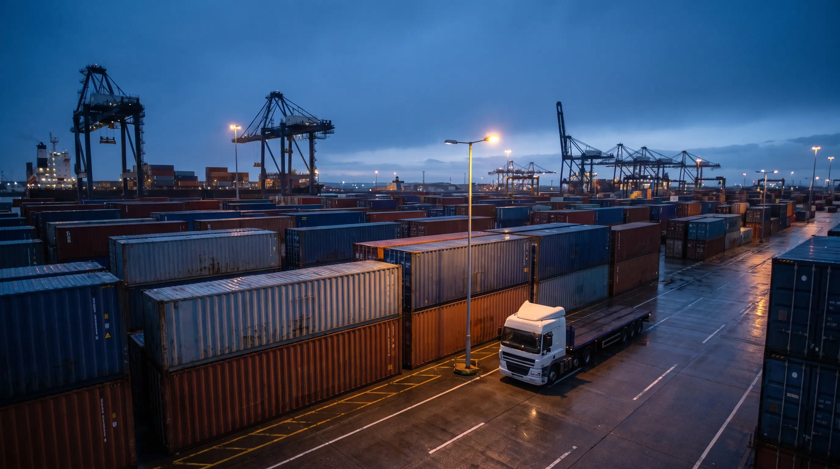 UK container port at blue hour with stacked containers and gantry cranes