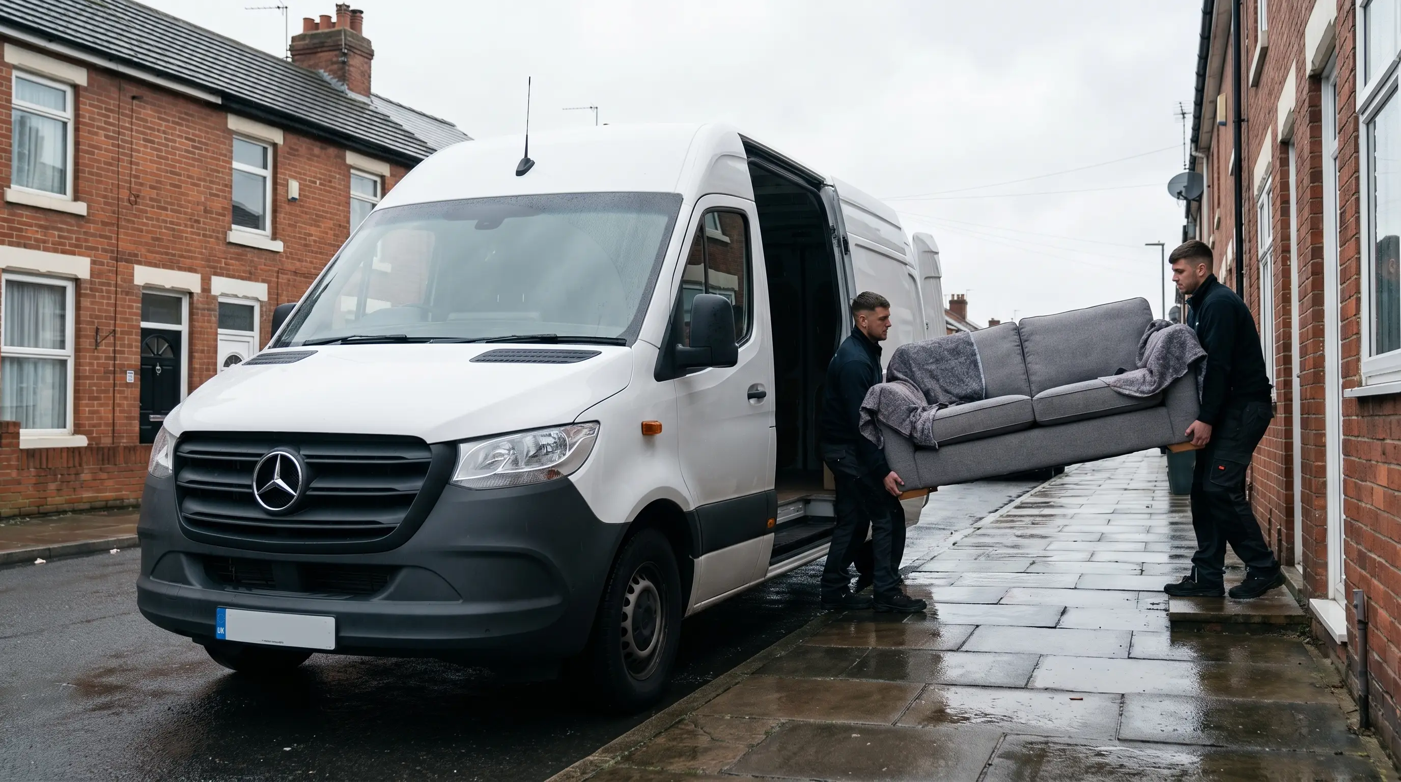 Quotient Logistics van outside a terraced house with removals staff carrying a sofa