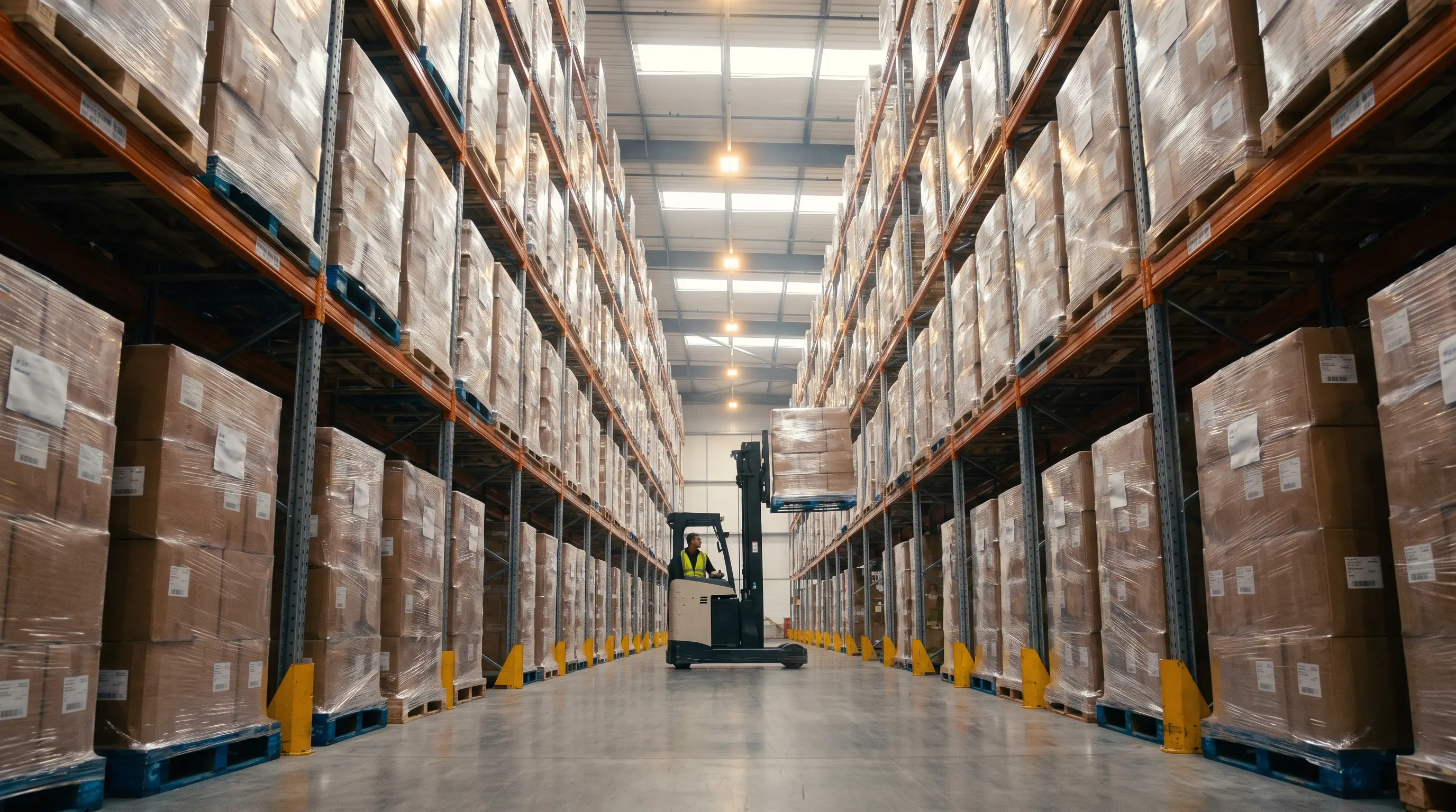 Long aisle of pallet racking in a modern UK storage warehouse with a forklift