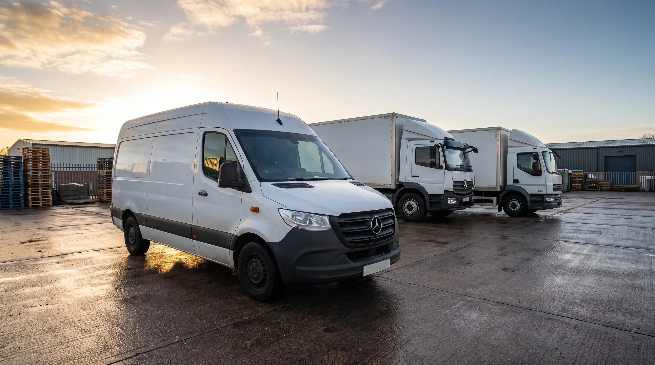 Quotient Logistics van, articulated lorry and box truck lined up at a haulage yard at dawn