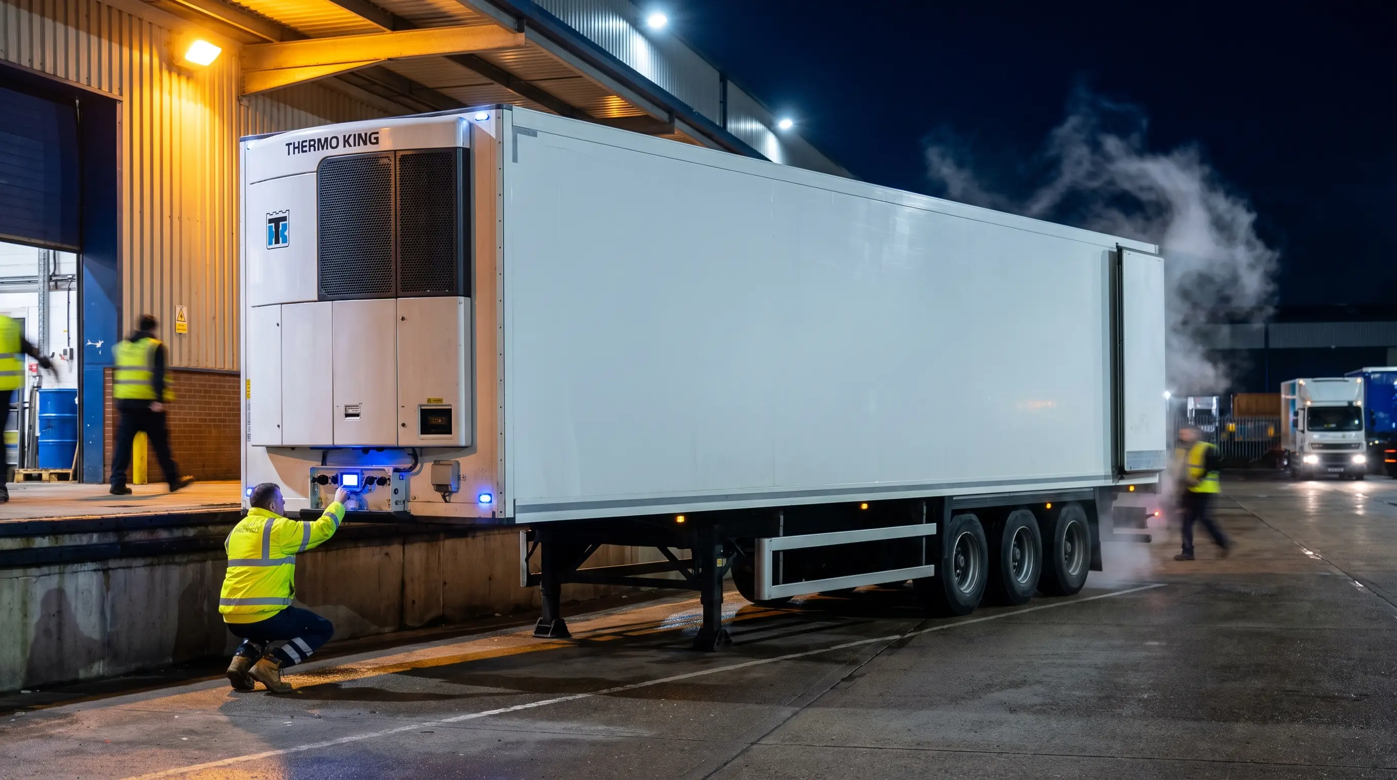 Refrigerated trailer at a chilled distribution dock at night with a driver checking the unit