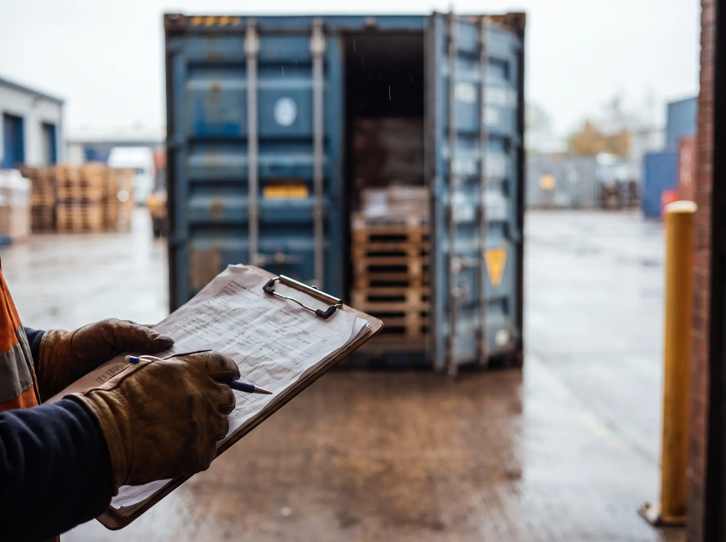 Logistics coordinator holding shipping paperwork in front of an open container