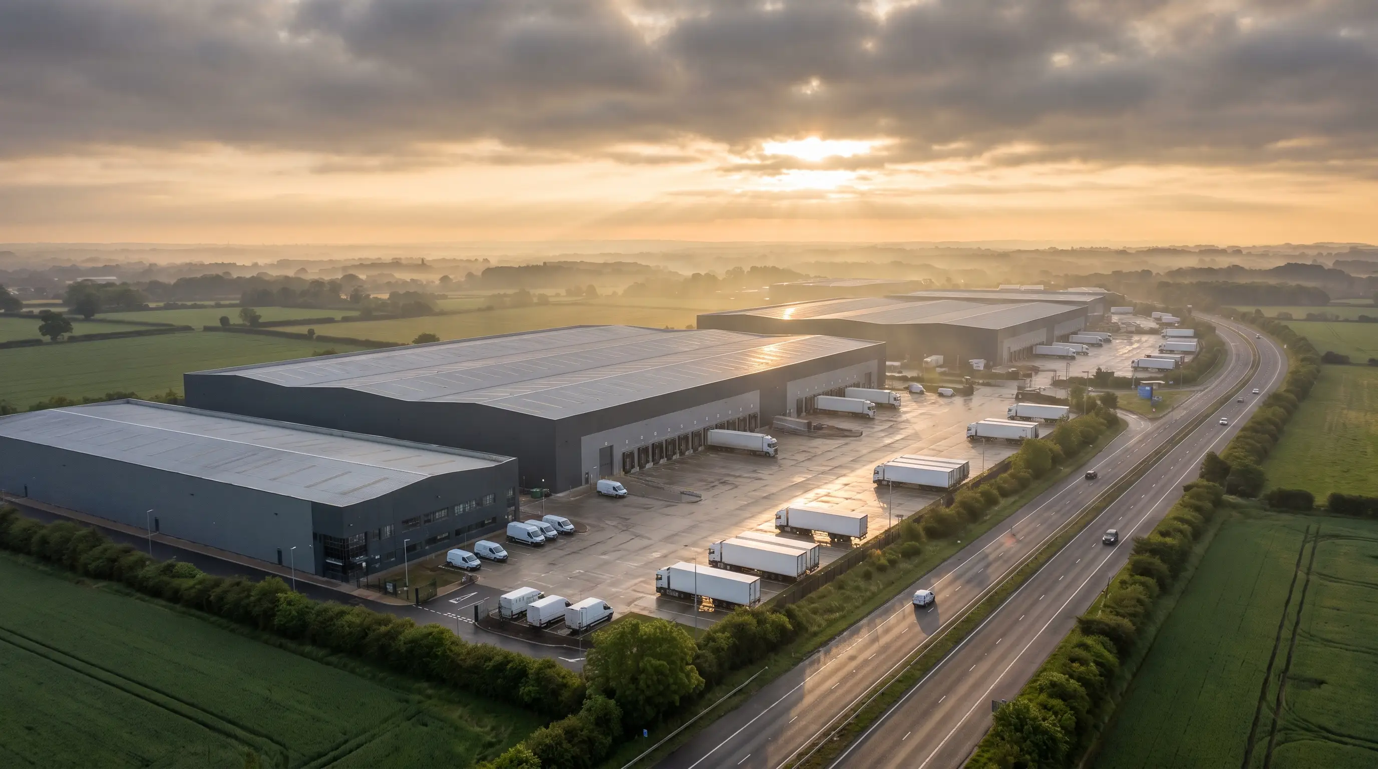 Aerial view of a UK distribution park at dawn