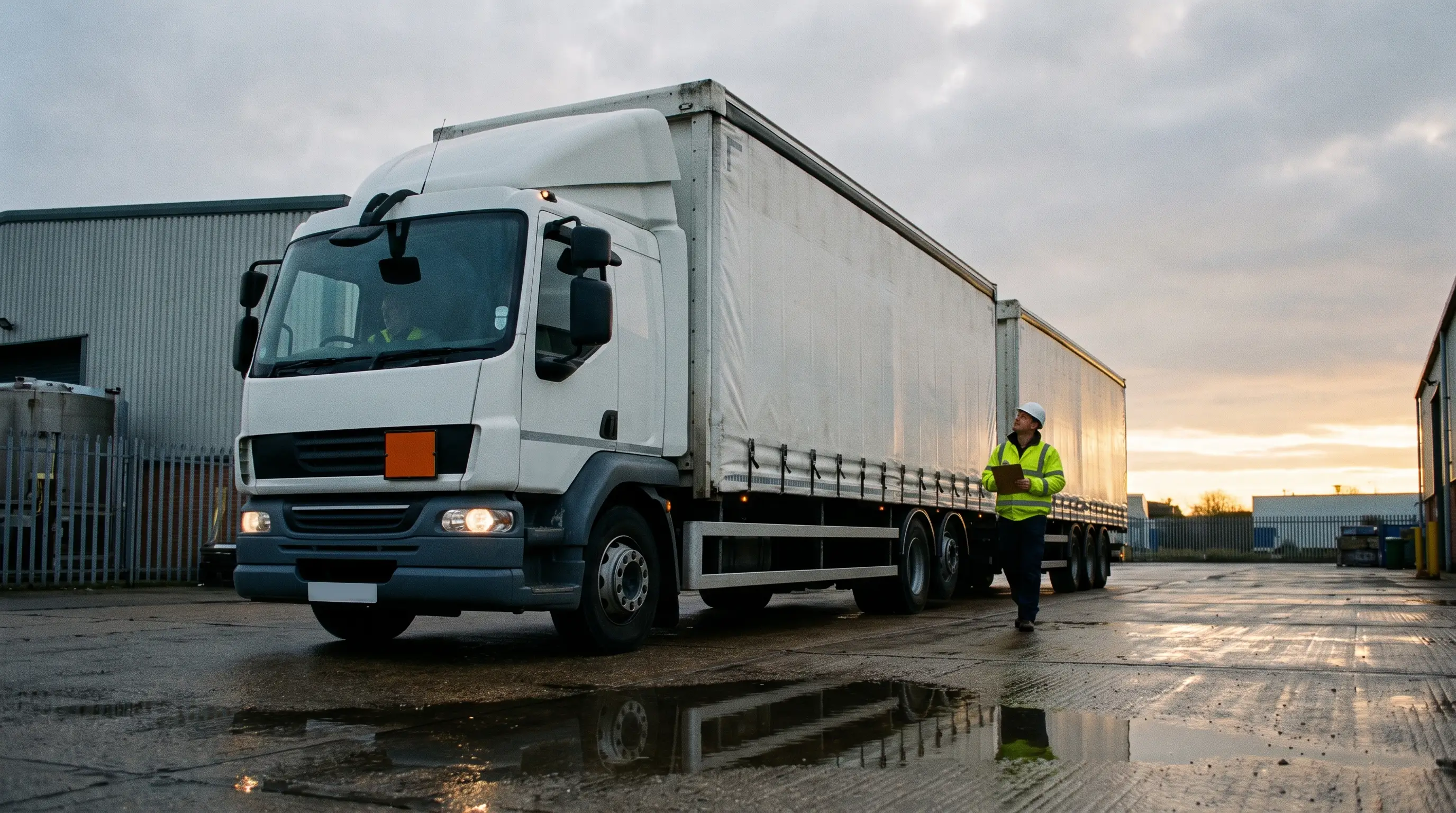 Curtainsided lorry with hazard plates leaving an industrial estate at dawn