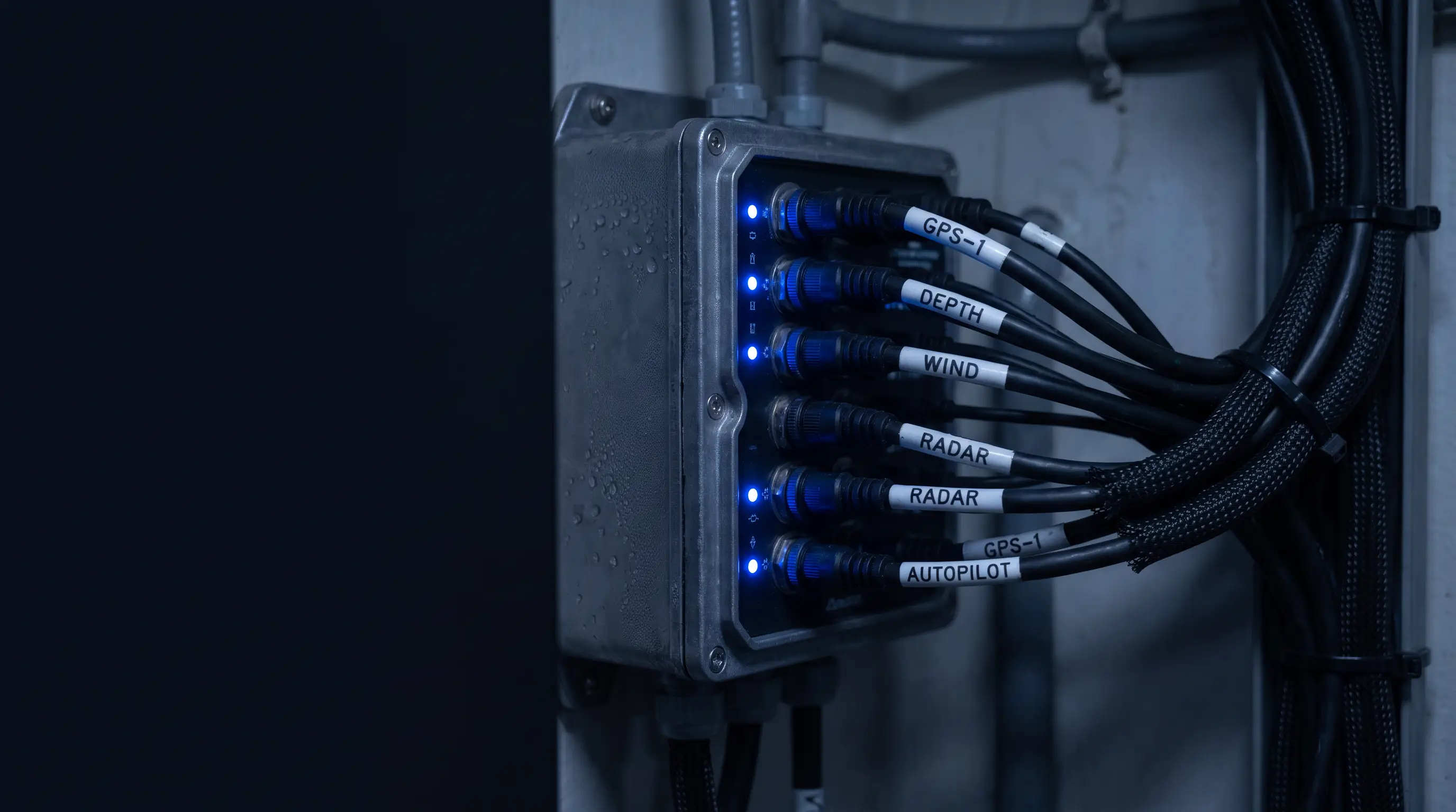A marine NMEA network hub with labeled data cables and glowing blue activity indicators