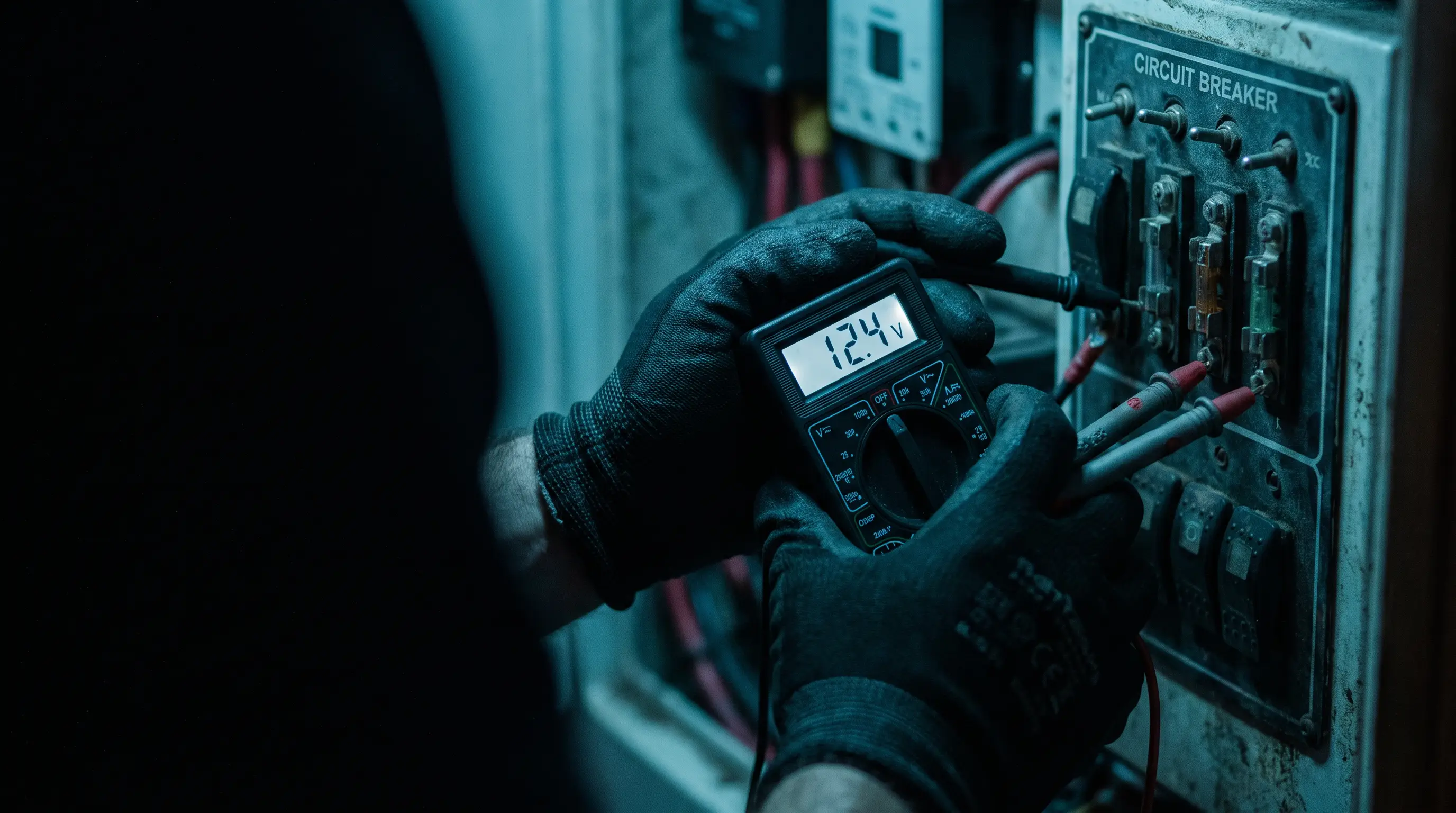 A multimeter testing a marine DC circuit breaker panel under moody blue-teal light