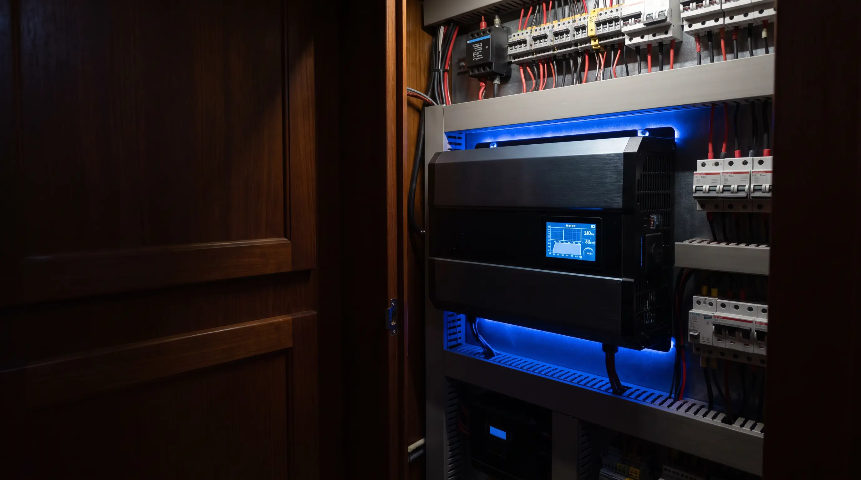 A marine power management inverter and monitor stack glowing with a live energy display