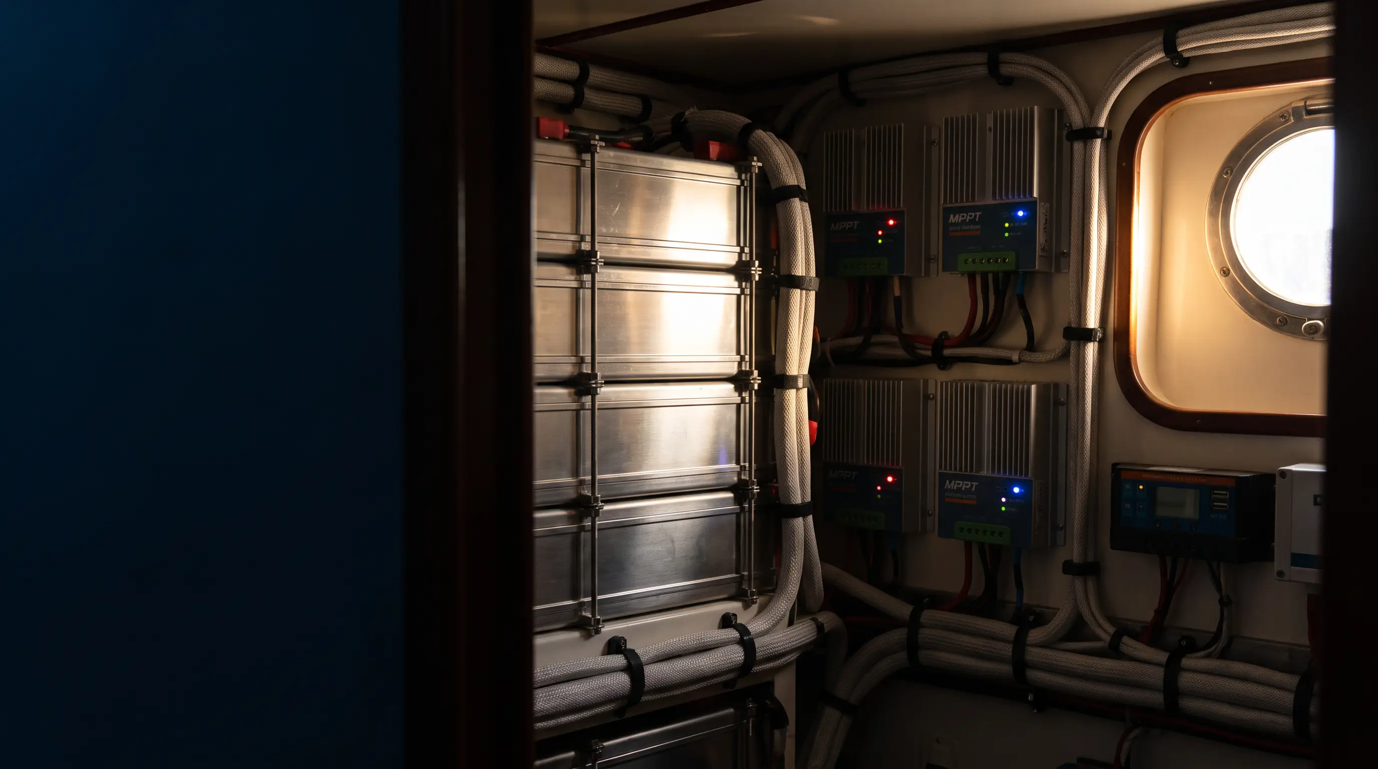 A clean lithium battery bank and solar charge controller stack glowing with status LEDs in an engine bay