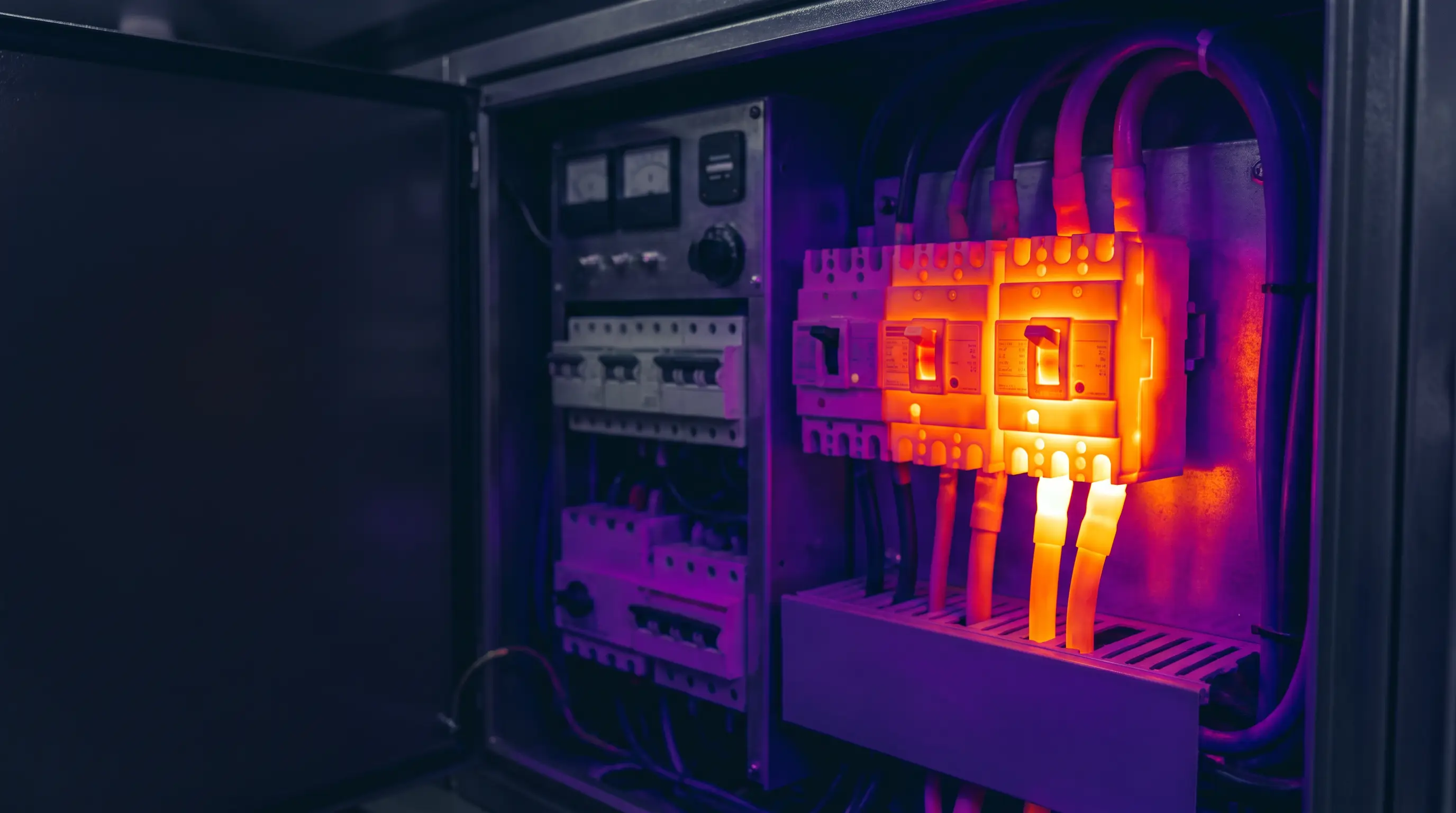A thermal-imaging style view of a marine electrical panel highlighting hot spots for inspection