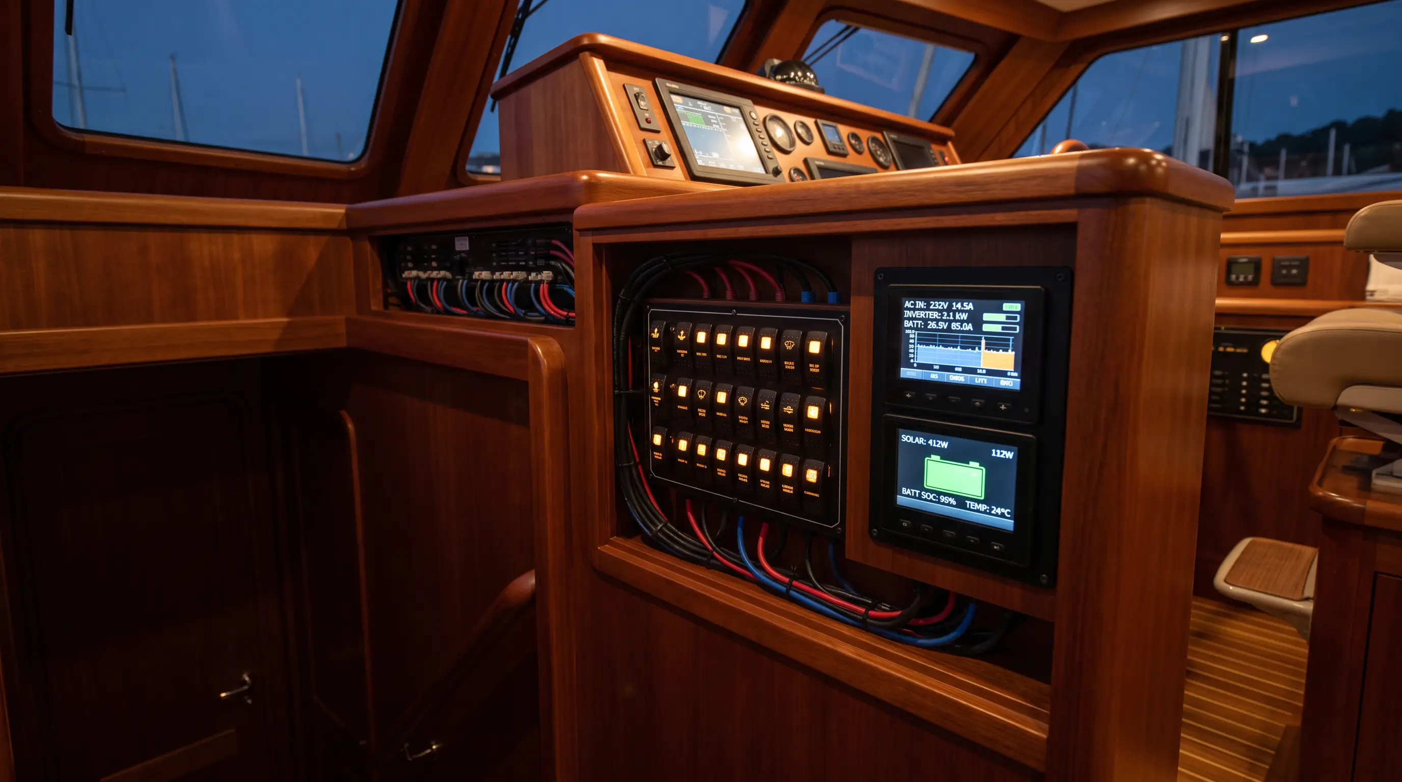 A finished helm switch panel and Victron inverter stack installed cleanly aboard a vessel
