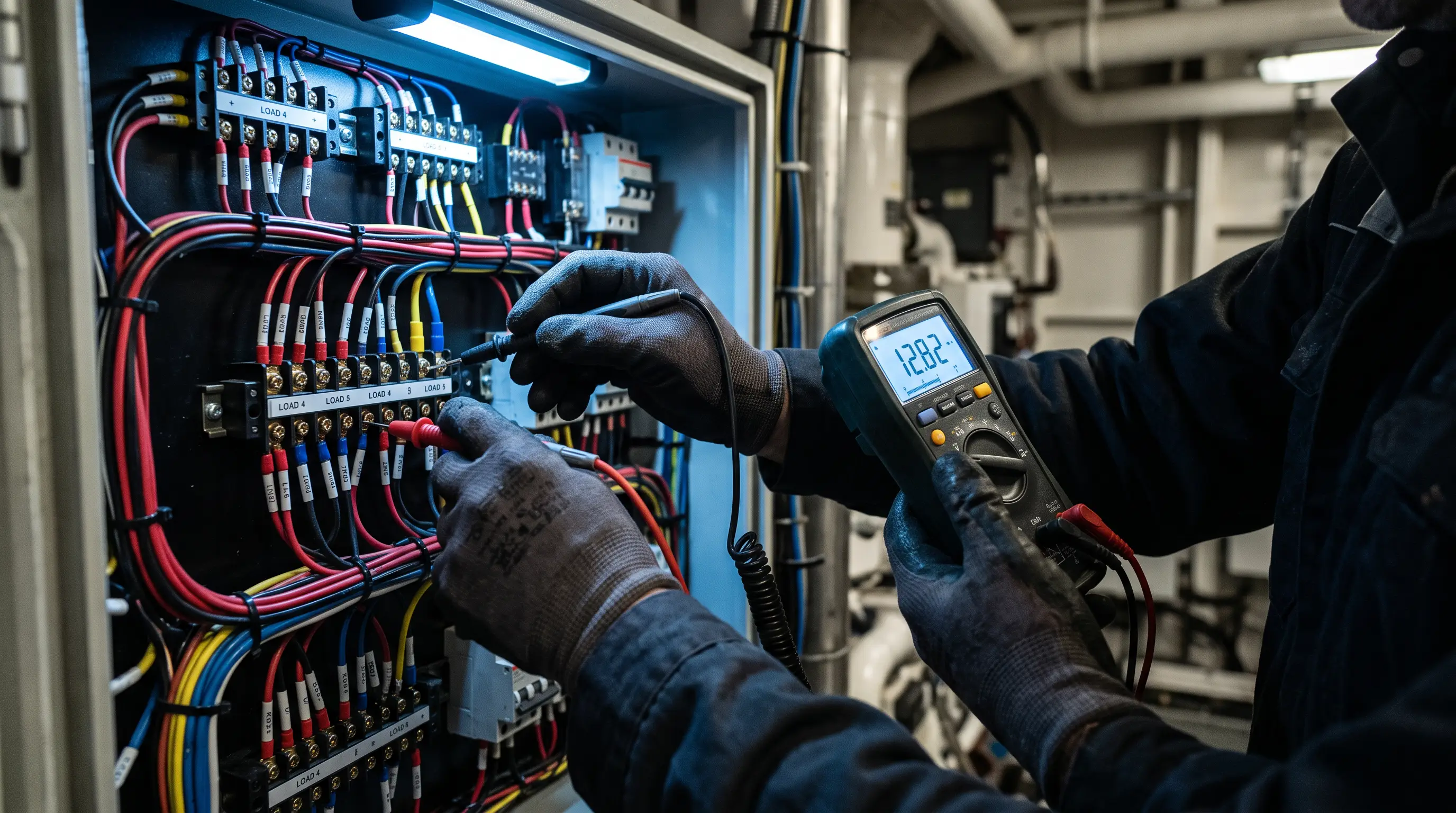 Technician's hands using a digital multimeter to methodically test a marine DC electrical panel