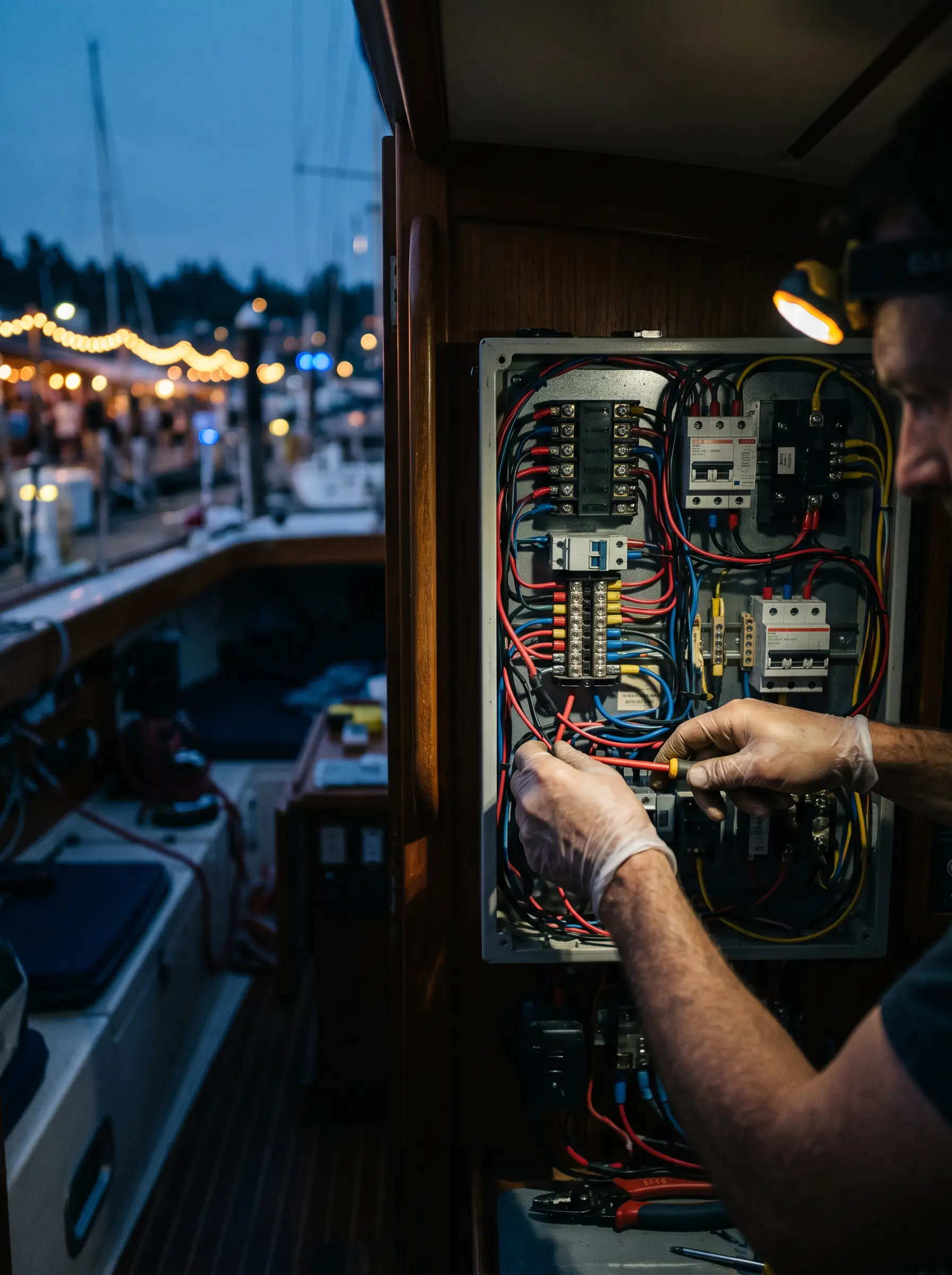 Marine electrician wiring a distribution panel dockside at dusk