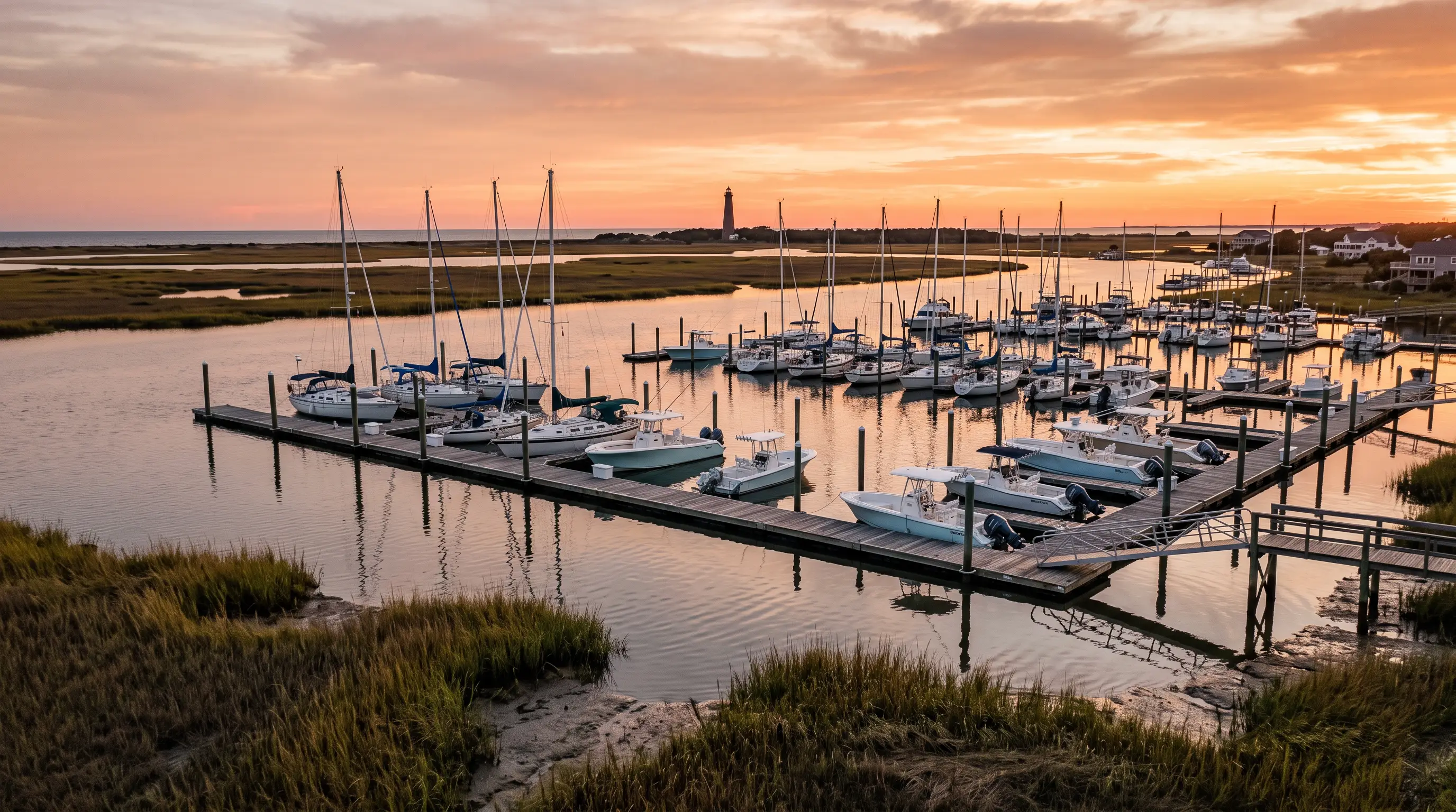 North Carolina coastal marina at golden hour with rows of docked boats