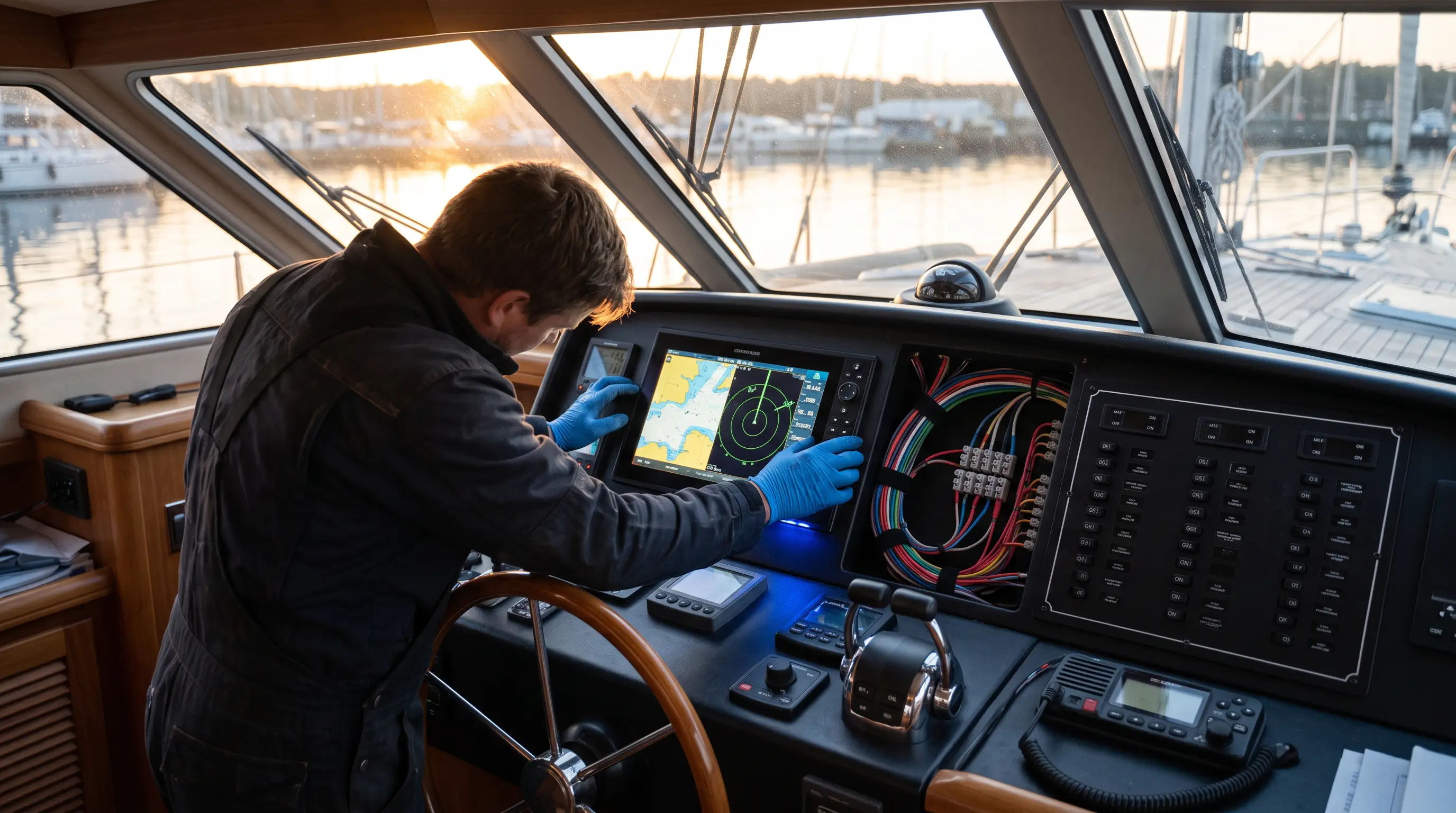 Technician adjusting a chartplotter beside a labeled circuit breaker panel at a boat's helm
