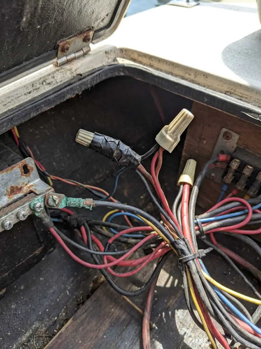 Old wiring spliced with cheap plastic wire nuts, cracked tape, and a corroded terminal
