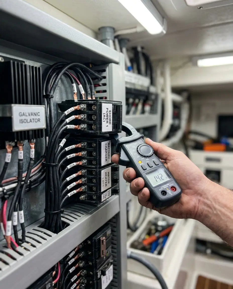 A technician using a clamp meter to test a labeled AC shore power breaker and galvanic isolator