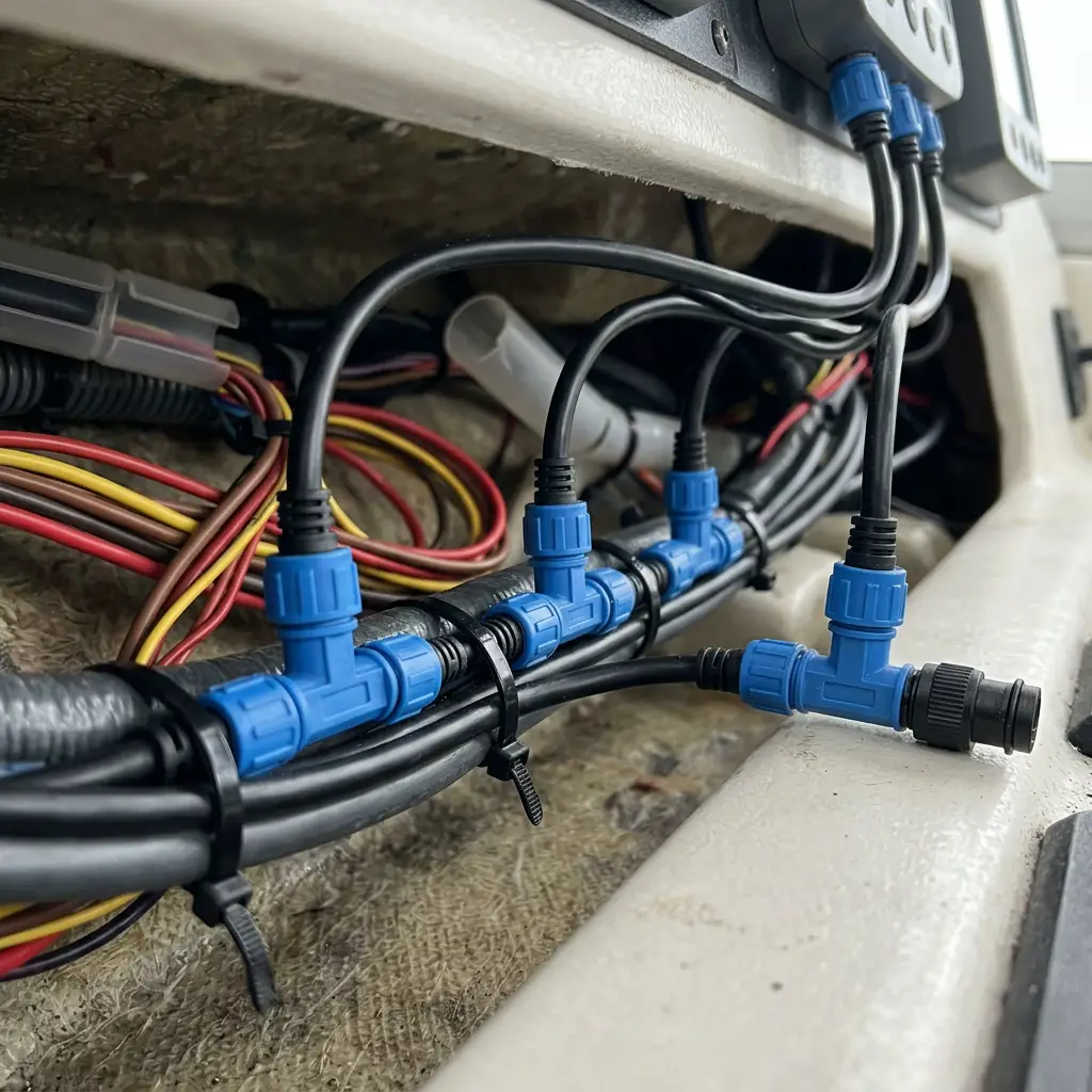 An NMEA 2000 network backbone with T-connectors branching off to instruments
