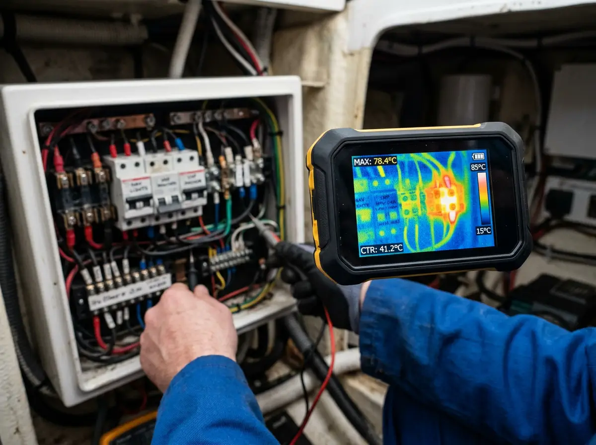 A thermal imaging camera screen showing a heat-map reading beside a DC distribution panel