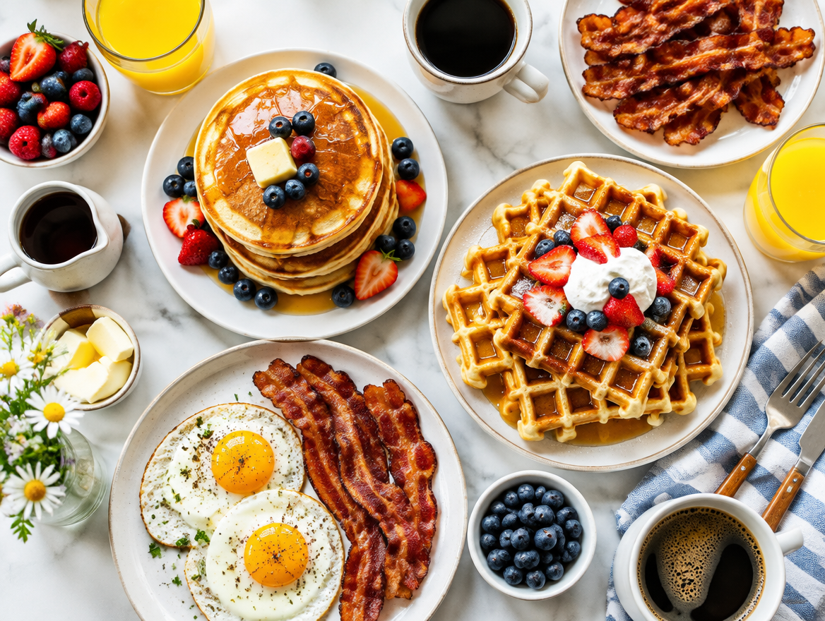 Breakfast table spread with pancakes, waffles, eggs, and coffee
